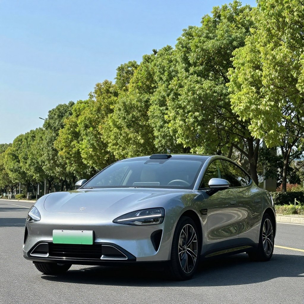 A modern, fuel-efficient car showcased in the foreground, sleek and shiny, reflecting the sunlight. The car is positioned on an open road, demonstrating its aerodynamic design. In the middle ground, lush green trees line the sides, symbolizing eco-friendliness, while a clear blue sky provides a bright, inviting backdrop. The scene captures the essence of innovation in automotive technology, highlighting features such as low emissions and energy-efficient design. Soft, natural lighting enhances the image, illuminating the car’s contours and details. A slightly angled shot captures both the car and its surroundings, evoking a sense of adventure and sustainability. The overall mood is optimistic and forward-thinking, inviting viewers to explore advancements in fuel economy.