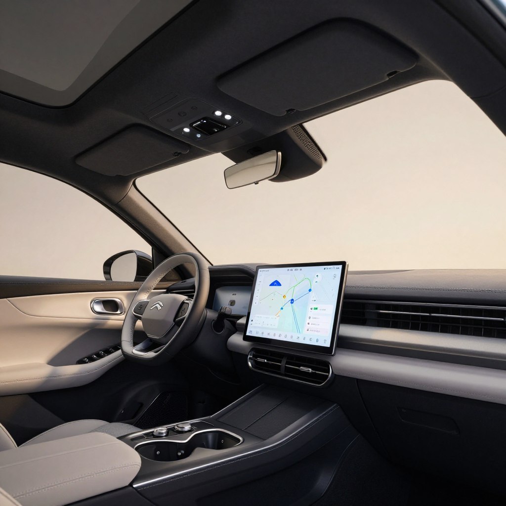 A modern, high-tech interior of a 2026 Citroën C5 Aircross, showcasing an advanced digital interface. In the foreground, focus on a sleek dashboard with a large, interactive touchscreen displaying navigation and connectivity features. The steering wheel features modern controls, and ambient lighting creates a futuristic feel. In the middle ground, capture elegant seating with high-quality materials and ergonomic design. The background should reveal a panoramic sunroof and soft interior colors that enhance the sophisticated atmosphere. Use soft, natural lighting to illuminate the cabin, creating a warm and inviting ambiance. The angle is slightly tilted to emphasize depth and create a sense of immersion in the vehicle's innovative space. A modern, high-tech interior of a 2026 Citroën C5 Aircross, showcasing an advanced digital interface. In the foreground, focus on a sleek dashboard with a large, interactive touchscreen displaying navigation and connectivity features. The steering wheel features modern controls, and ambient lighting creates a futuristic feel. In the middle ground, capture elegant seating with high-quality materials and ergonomic design. The background should reveal a panoramic sunroof and soft interior colors that enhance the sophisticated atmosphere. Use soft, natural lighting to illuminate the cabin, creating a warm and inviting ambiance. The angle is slightly tilted to emphasize depth and create a sense of immersion in the vehicle's innovative space.