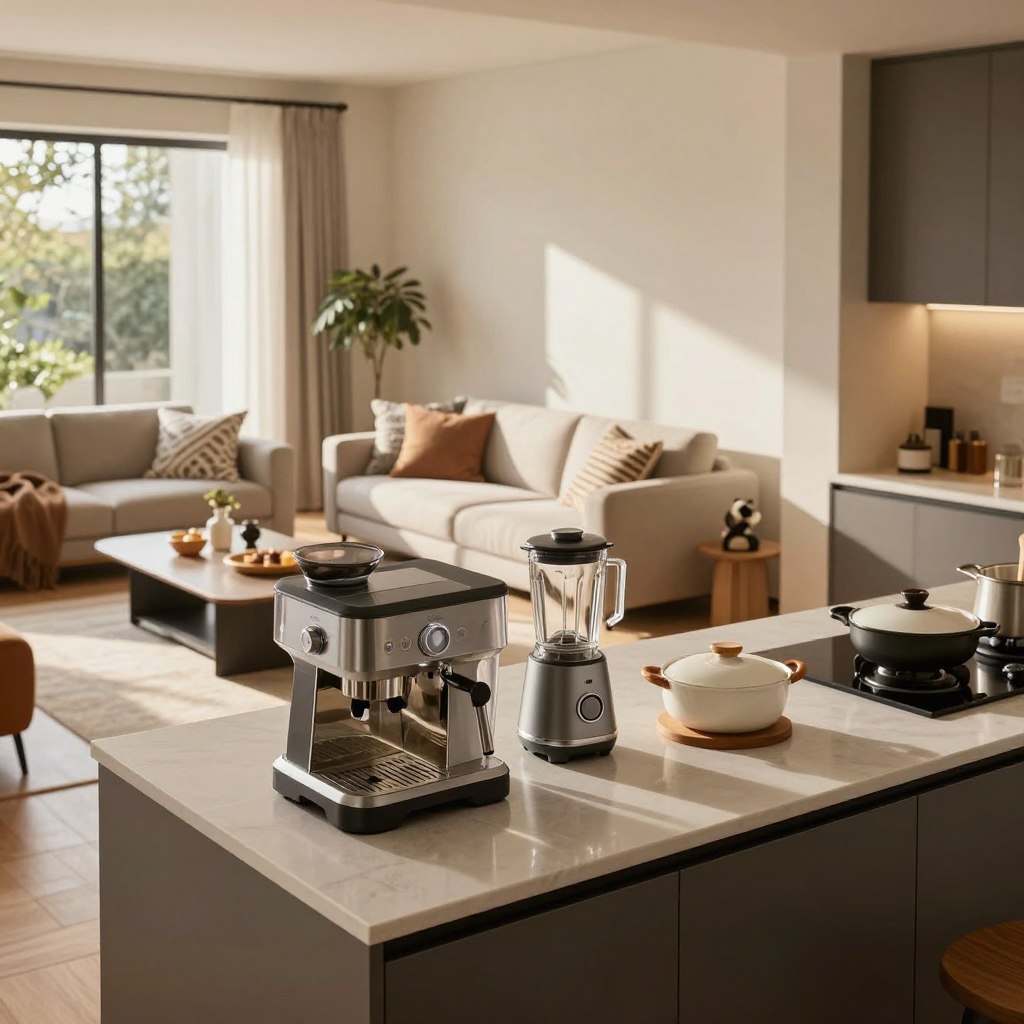 A modern home interior showcasing a carefully curated selection of household equipment. In the foreground, a stylish kitchen counter displays high-end appliances like a sleek coffee maker, a compact blender, and elegant cookware. The middle layer features a cozy living area with a plush sofa, decorative throw pillows, and a contemporary coffee table adorned with inspiring home decor items. In the background, large windows allow natural sunlight to flood in, illuminating the space and casting soft shadows. The atmosphere is warm and inviting, with a hint of sophistication. The scene is captured using a wide-angle lens, ensuring a comprehensive view, with soft, diffused lighting to create a serene and welcoming mood.