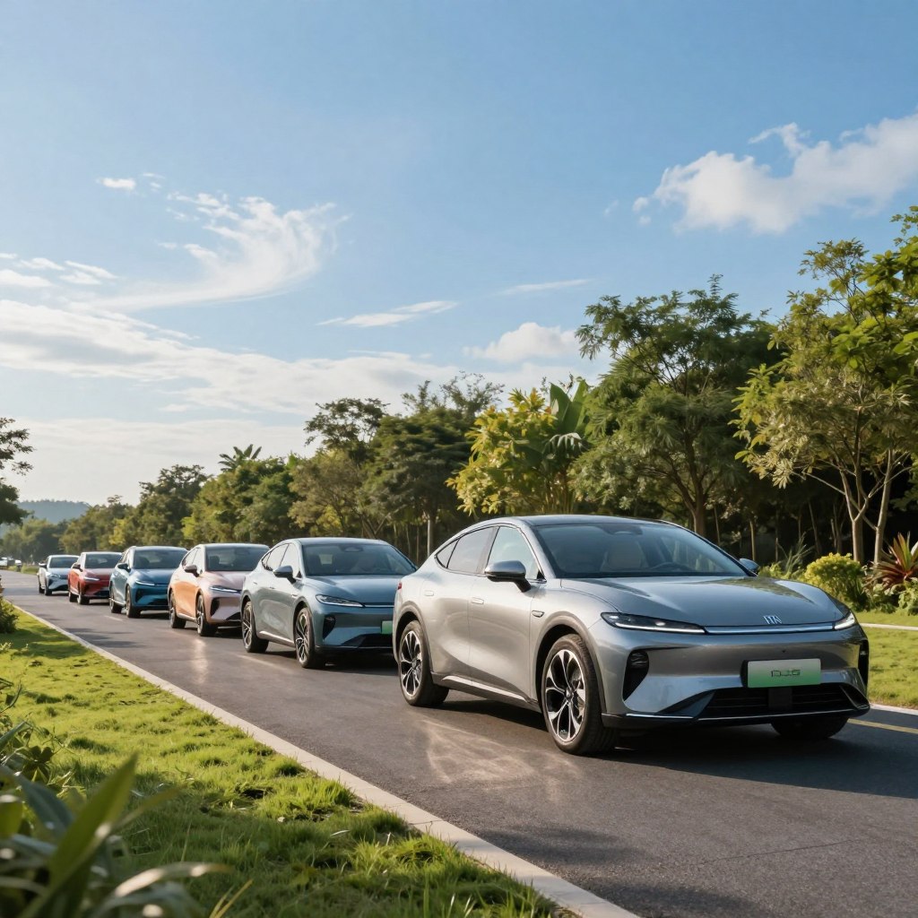 A modern hybrid car showcased prominently in the foreground, sleek and dynamic in design, gleaming under bright daylight. The car is parked on a smooth asphalt road lined with lush greenery, reflecting its eco-friendly nature. In the middle ground, a variety of hybrid vehicles can be seen parked side by side, each representing different styles and colors to illustrate diversity in hybrid options. The background features a clear blue sky with wispy clouds, setting an optimistic and innovative mood. Soft sunlight gives a warm feel to the entire scene, while a low-angle perspective enhances the vehicles' aesthetic appeal. The atmosphere is lively yet serene, emphasizing the advantages of hybrid technology.