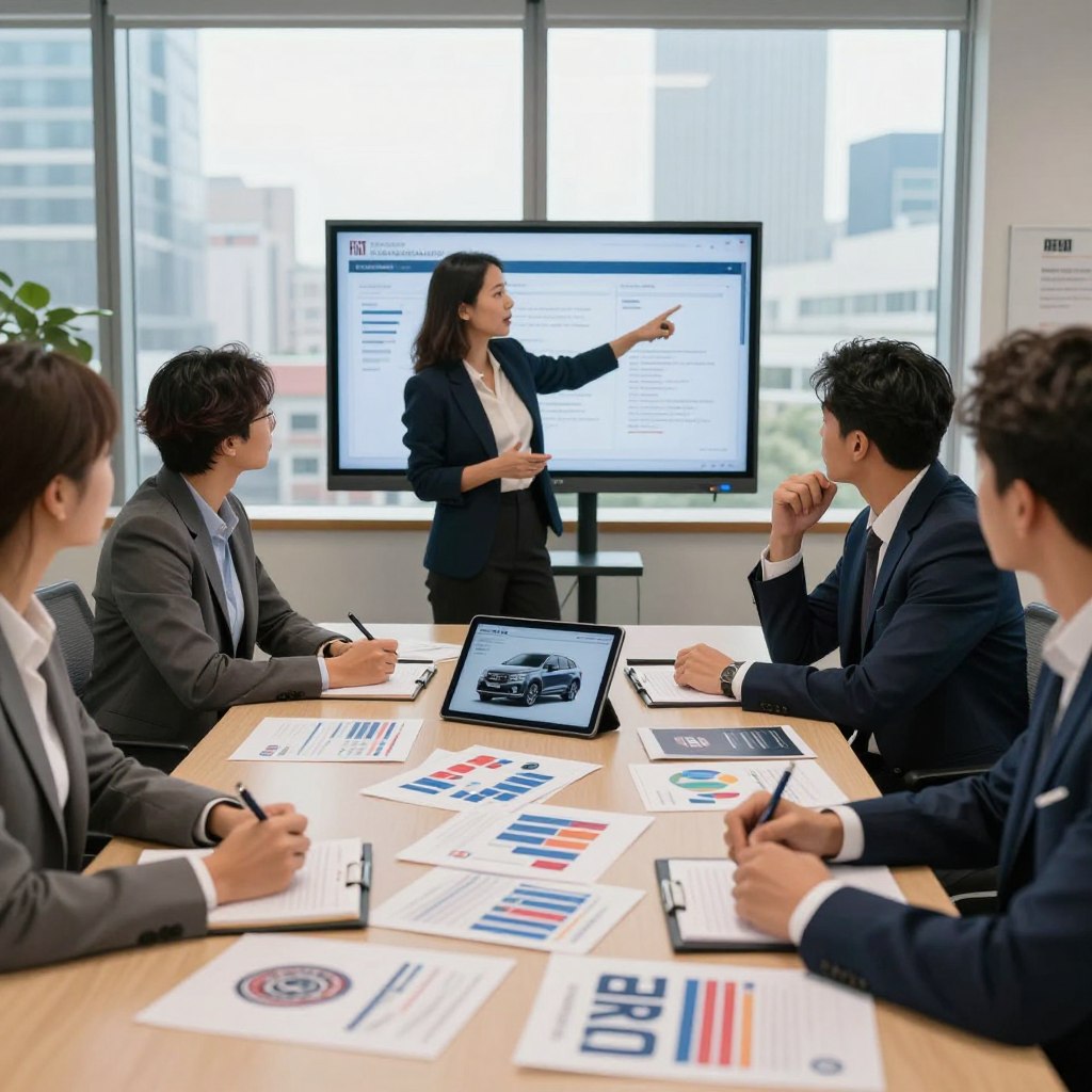 A modern marketing strategy meeting room featuring a diverse group of professionals in business attire, engaged in an animated discussion about Fiat's potential return to the US market. The foreground shows a large table cluttered with marketing materials, charts, and a digital tablet displaying a Fiat car model. In the middle, a confident woman is pointing to a presentation on a large screen, while colleagues attentively take notes. The background includes large windows with a cityscape view, suggesting a vibrant urban setting. Soft, natural lighting streams in, creating a warm and inviting atmosphere. Use a slight depth of field effect for a professional look, capturing the determination and collaboration of the team.
