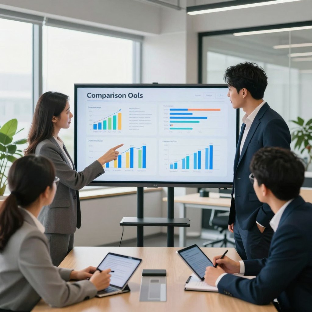 A modern office setting featuring a diverse group of three professionals comparing various comparison tools on a large screen. In the foreground, a young woman in smart business attire points at the screen, discussing options with her colleagues, a man in a suit and another woman in a blazer taking notes on tablets. In the middle, the large screen displays colorful graphs and infographics illustrating different comparers’ features. The background shows a bright, spacious office with large windows allowing natural light to flood in, plants adorning the corners, and a sleek conference table. The atmosphere is collaborative and focused, emphasizing the importance of informed decision-making. Use soft, diffused lighting to enhance the professional ambiance.
