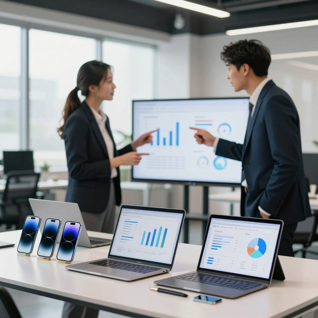A modern office space illustrating a smart comparison setup. In the foreground, a sleek table displays various tech gadgets such as smartphones, laptops, and tablets, showcasing side-by-side comparisons. In the middle ground, two professionals in smart business attire are engaged in a lively discussion, pointing at a digital screen that shows comparison graphs and charts. The background features large windows with natural light streaming in, giving a bright, inviting atmosphere. Use a shallow depth of field to softly blur the background, focusing on the interaction and gadgets in the foreground. The mood should be inspiring and collaborative, reflecting the current trends in comparison criteria in tech.