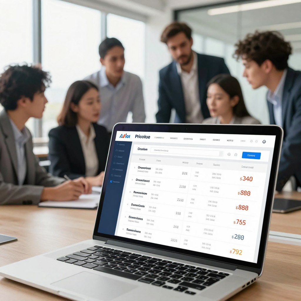 Au premier plan, un élégant ordinateur portable affiche sur son écran une interface moderne de comparaison de prix présentant différents prix et catégories de produits de manière claire et organisée. Au centre, un groupe de professionnels aux profils variés, vêtus de tenues formelles, discutent et analysent les données avec concentration. En arrière-plan, un bureau spacieux et lumineux, baigné de lumière naturelle grâce à de grandes fenêtres, renforce l'impression d'innovation et de travail d'équipe. L'atmosphère générale, empreinte d'efficacité et de collaboration, souligne l'importance de prendre des décisions d'achat éclairées. L'image doit être dynamique et bien éclairée, avec un angle de prise de vue légèrement en plongée afin de bien cadrer à la fois l'écran de l'ordinateur portable et les personnes.
