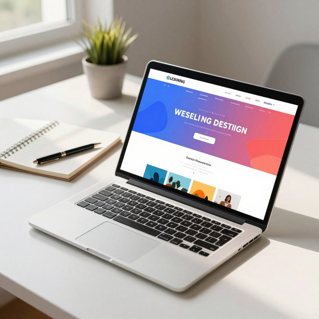 A modern, visually striking web design mockup displayed on a sleek laptop sitting on a minimalist desk. The foreground features the laptop with an elegant interface showcasing various web templates with vibrant colors and stylish layouts. In the middle background, an organized workspace with a notepad, stylish pen, and a potted plant adds a touch of creativity and professionalism. The scene is well-lit with natural light streaming in from a nearby window, creating a warm and inviting atmosphere. The overall mood is inspiring and motivating, aimed at highlighting the importance of effective web design. The camera angle captures the scene from a slight overhead view, emphasizing the detailed design elements on the screen without any text or distractions.