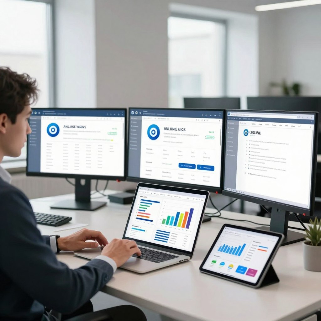 A modern workspace featuring a digital comparison of online services displayed on multiple computer screens. In the foreground, a sleek desk with a laptop and tablet showcases vibrant graphs and charts. To the left, a professional individual in business attire analyzes the screens, highlighting important features with a focused expression. In the middle ground, several monitors exhibit logos and user interfaces of popular online services, arranged in a visually engaging layout. The background reveals a bright, minimalist office environment with large windows, letting in natural light that creates a productive atmosphere. Soft shadows enhance the depth of the scene, and a subtle bokeh effect adds a sense of professionalism, reinforcing the theme of digital innovation in online comparisons.