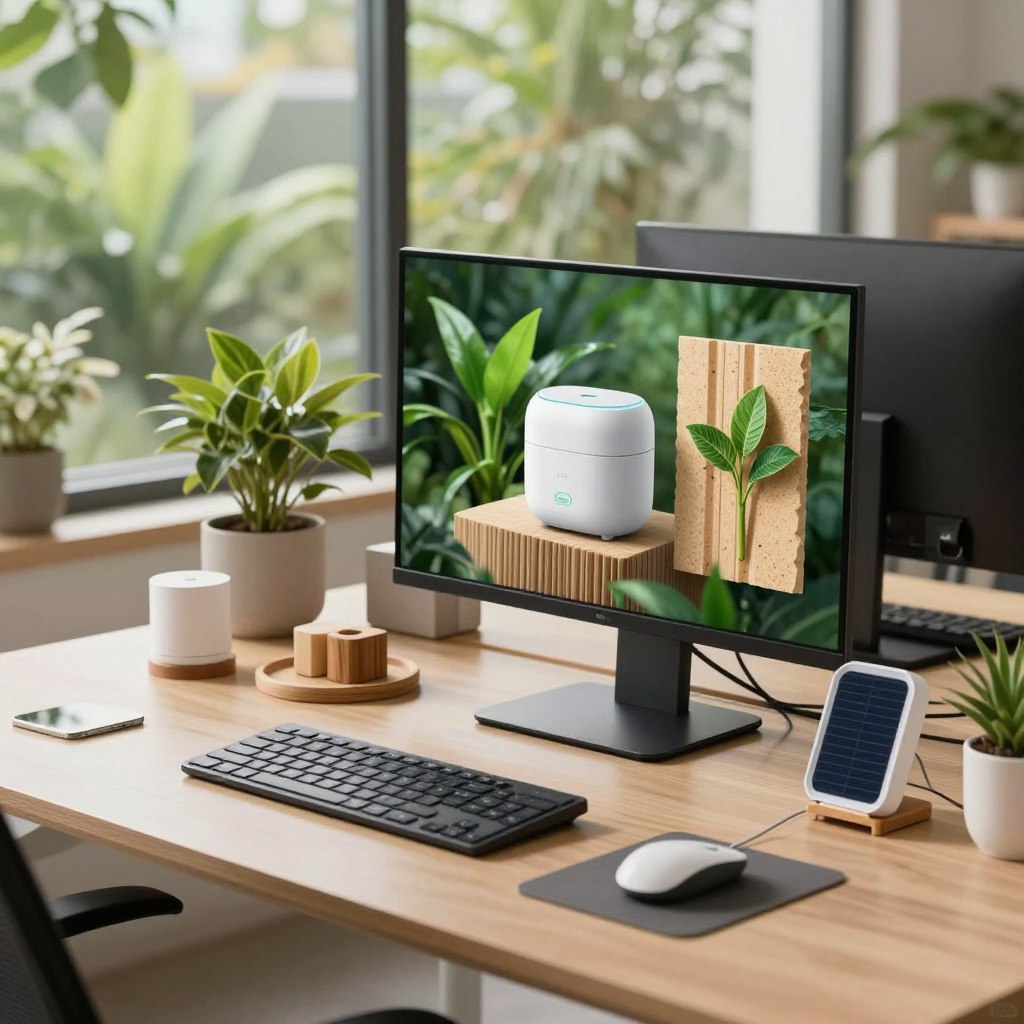 A modern workspace showcasing sustainable products and advanced technology. In the foreground, a sleek desk equipped with eco-friendly gadgets—solar-powered chargers and biodegradable accessories. In the middle, focus on a digital display presenting innovative green technologies, such as a compact smart home device and a plant-based material sample. The background features large windows with lush greenery outside, indicating a harmonious relationship with nature. Soft, natural lighting floods the room, creating a warm and inviting atmosphere. The camera angle is slightly tilted downward, emphasizing the desk while capturing the vibrant elements of the room. The overall mood conveys progress, sustainability, and futuristic innovation without any text or overlays.