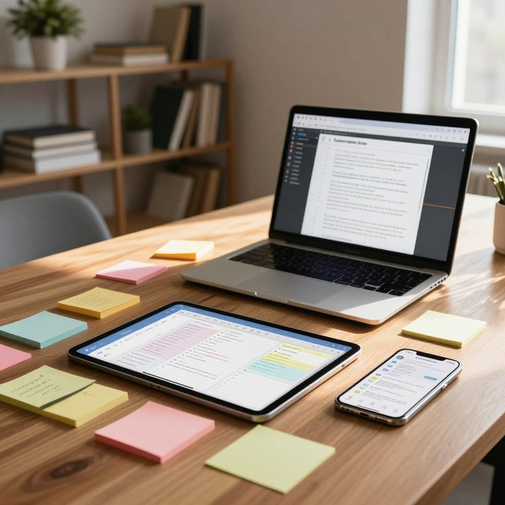 A modern workspace showcasing the integration of notes with digital tools. In the foreground, a sleek wooden desk is cluttered with colorful sticky notes and a high-tech tablet displaying a robust note-taking app. A smartphone lies beside the tablet, seamlessly syncing with the digital notes. In the middle ground, a laptop screen shows a collaborative document being edited in real-time, with a soft glow emanating from the screen. The background features a minimalist office setting with tall shelves filled with books and plants, creating an inviting atmosphere. Warm, natural light streams in from a nearby window, casting soft shadows and highlighting the productivity tools. The overall mood is dynamic and innovative, emphasizing the harmony between traditional note-taking and modern technology.