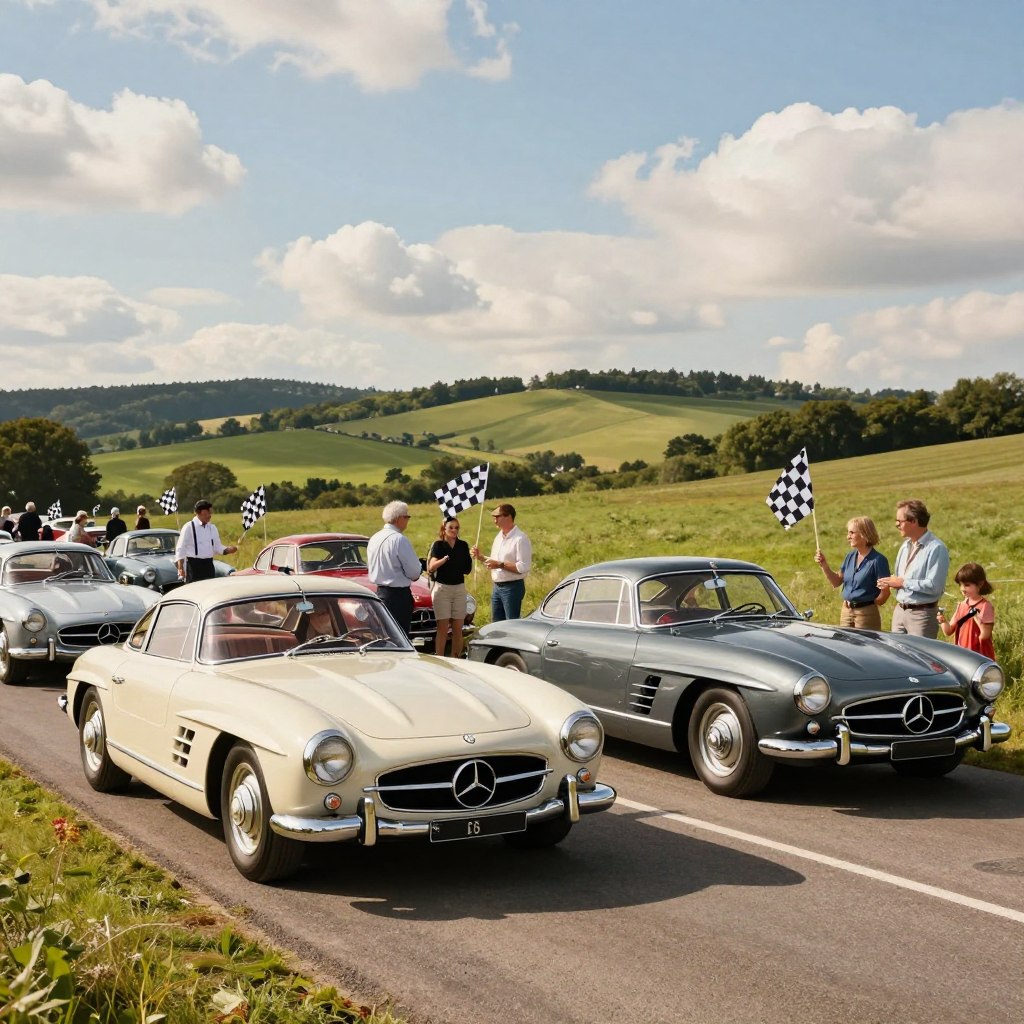 A picturesque scene of a classic Mercedes rally, showcasing vintage Mercedes-Benz cars from the 1950s and 1960s, elegantly lined up on a scenic country road. In the foreground, two impeccably restored models, one a sleek 300SL Gullwing and the other a stylish 220S, gleam under the warm sunlight. In the middle ground, enthusiastic participants, dressed in smart casual clothing, discuss the cars while a couple of kids joyfully wave checkered flags. In the background, lush green hills fade into a bright blue sky dotted with fluffy white clouds. The composition captures the camaraderie and excitement of classic car enthusiasts. The lighting is soft and warm, evoking a nostalgic atmosphere. The angle is slightly elevated, giving a clear view of the rally's vibrant energy while highlighting the timeless elegance of the classic Mercedes vehicles.
