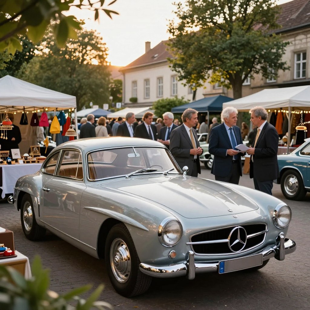 A picturesque vintage car market scene featuring a classic Mercedes-Benz from the 1960s, brightly polished and gleaming under soft, natural sunlight. In the foreground, the Mercedes is framed with lush greenery and colorful market stalls that showcase car accessories and memorabilia. The middle ground includes a small group of collectors and enthusiasts, dressed in professional business attire, examining the vehicle intently, exchanging knowledgeable insights. The background reveals a charming old town square, with historical buildings and trees softly illuminated by the golden hour light. The atmosphere should evoke nostalgia and appreciation for automotive craftsmanship, with a warm, inviting mood. The composition is shot at a slight angle to emphasize the elegance of the car and its surroundings.