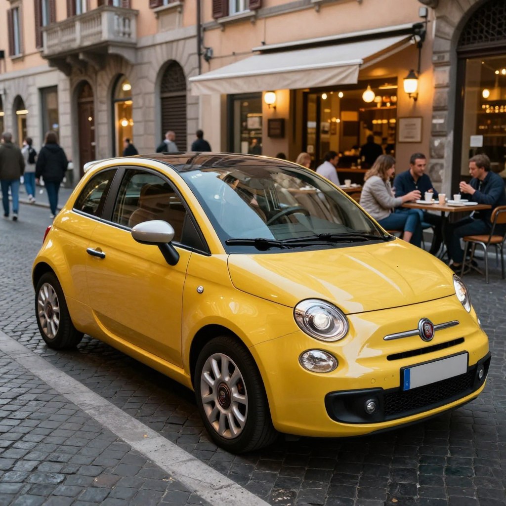 A popular Fiat car parked on a cobblestone street, showcasing its sleek design and vibrant color, surrounded by a bustling urban environment. In the foreground, the car's shiny exterior reflects ambient city lights, highlighting its curves and distinctive logo. The middle ground features a lively coffee shop with patrons enjoying their drinks, contributing to a warm community feel. In the background, classic Italian architecture helps set a picturesque scene, enveloped in the soft glow of early evening light. The image captures a sense of charm and reliability, evoking a mood of nostalgia and modernity. Use a wide-angle lens to encompass the entire scene, with a focus on the Fiat, ensuring sharp details, bright colors, and a harmonious atmosphere.
