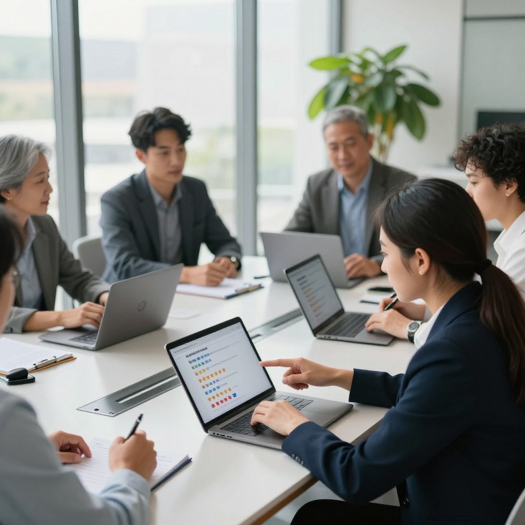 A professional and inviting scene depicting a group of diverse individuals, including men and women of various ages and ethnicities, gathered around a sleek conference table in a modern office environment. They are engaged in a discussion about customer reviews, with laptops and tablets in front of them displaying positive ratings. In the foreground, a woman in a smart blazer is pointing at a tablet, while others listen attentively, taking notes. The middle ground showcases large windows allowing natural light to flood the space, creating a bright atmosphere. In the background, a vibrant plant adds a touch of greenery. The image is captured from a slightly elevated angle, adding depth and focus to the interaction, conveying a sense of collaboration and the value of customer feedback.
