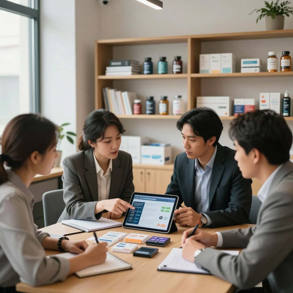 A professional business collaboration scene showcasing diverse partners working together, with a modern office interior in the background. In the foreground, a group of four individuals, dressed in business attire, engaged in a discussion over a table filled with a selection of products from various brands. Two people are pointing at a digital tablet displaying graphics, while the others are taking notes and sharing ideas. The middle ground features a sleek bookshelf displaying samples of products, elegantly arranged. Soft, natural light filters in through large windows, creating an inviting and productive atmosphere. The scene conveys teamwork, innovation, and partnership, with a warm color palette that promotes creativity and collaboration. Focus the perspective at eye level to capture the dynamic interaction among the partners.