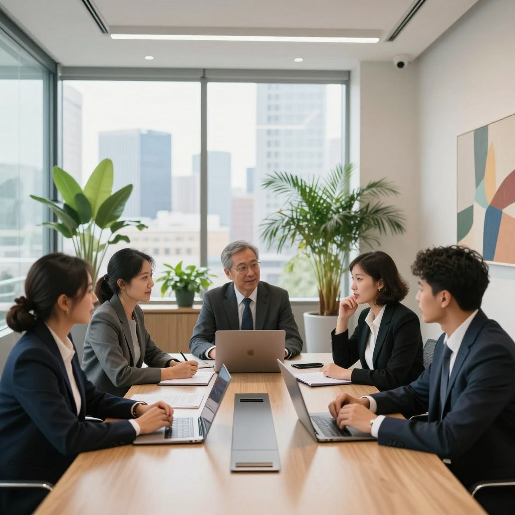 A professional business meeting scene set in a modern office. In the foreground, a diverse group of four business professionals, dressed in smart business attire, are engaged in a lively discussion around a sleek conference table with laptops and documents in front of them. The middle ground shows a large window with natural light streaming in, highlighting the city skyline outside, symbolizing growth and aspiration. In the background, vibrant plants and contemporary art pieces adorn the walls, creating a warm and inviting atmosphere. The mood is collaborative and optimistic, suggesting a strong commitment to client engagement and partnership. The image captures a wide-angle view, emphasizing both unity and professionalism, with soft, balanced lighting enhancing the overall appeal.