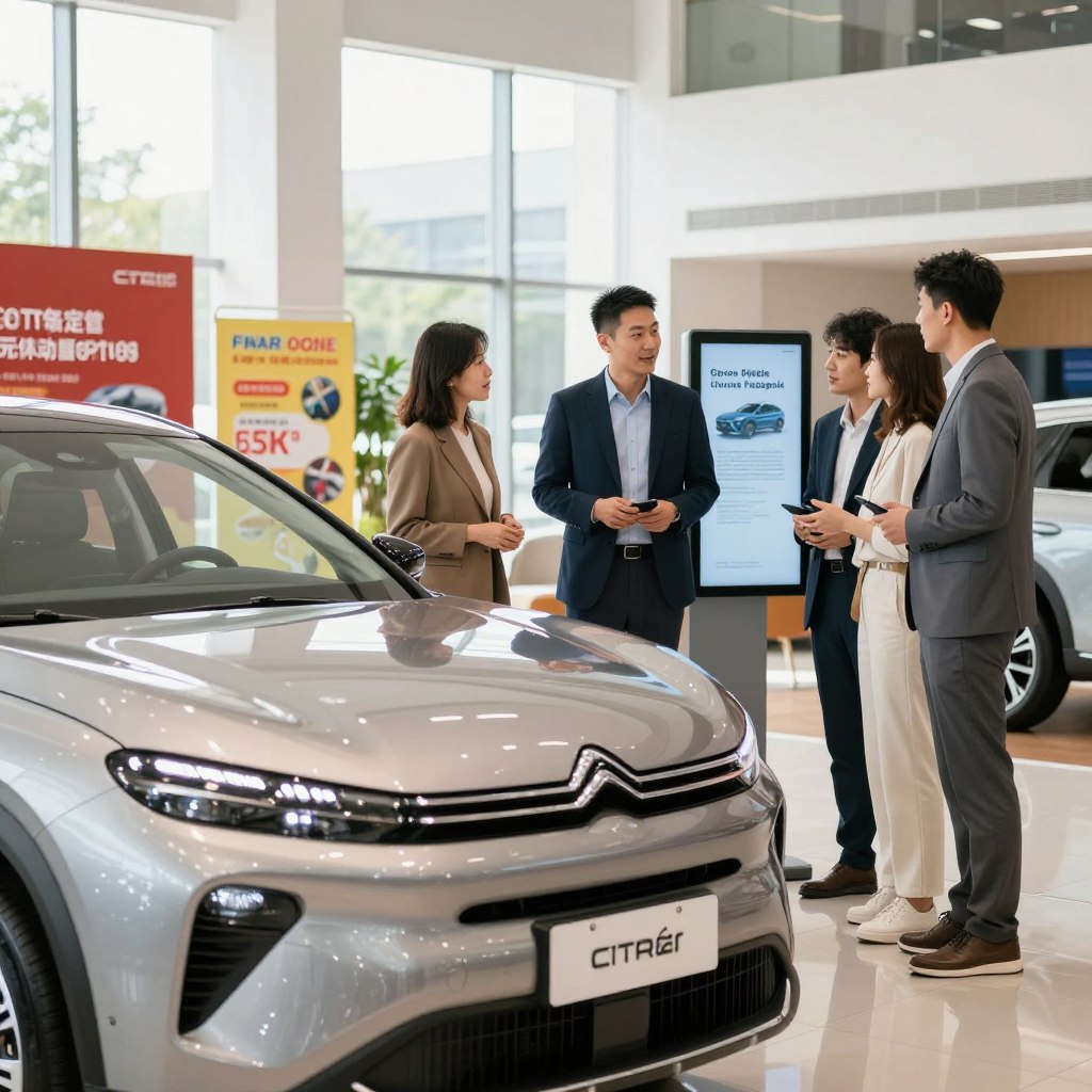 A professional, modern car dealership interior featuring a sleek 2026 Citroën model prominently displayed in the foreground. The car shines under bright showroom lighting, showcasing its elegant lines and design. In the middle ground, a knowledgeable salesperson, dressed in smart business attire, is engaged in conversation with a couple of potential buyers, who appear excited and interested in the financing options displayed on a digital screen beside them. The background includes colorful banners highlighting various financing offers and discounts, accentuated by contemporary decor and glossy flooring. Soft, natural light streams in through large windows, creating an inviting and optimistic atmosphere that emphasizes the opportunities available for potential car buyers. The overall mood is professional yet friendly, reflecting a positive car-buying experience.