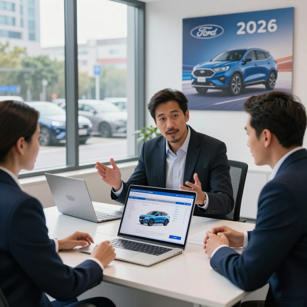 A professional office setting showcasing the concept of financing options for Ford vehicles in 2026. In the foreground, a sleek, modern desk with a laptop displaying a digital infographic about car financing. A diverse group of three individuals in business attire discussing financing options enthusiastically. In the middle ground, a large window reveals a view of a busy urban landscape with Ford cars parked outside. On the wall, there's a large promotional poster featuring the Ford 2026 model. The background is softly lit with natural light streaming in, creating an inviting and professional atmosphere. The image captures a blend of optimism and professionalism, highlighting choices and opportunities in auto financing.