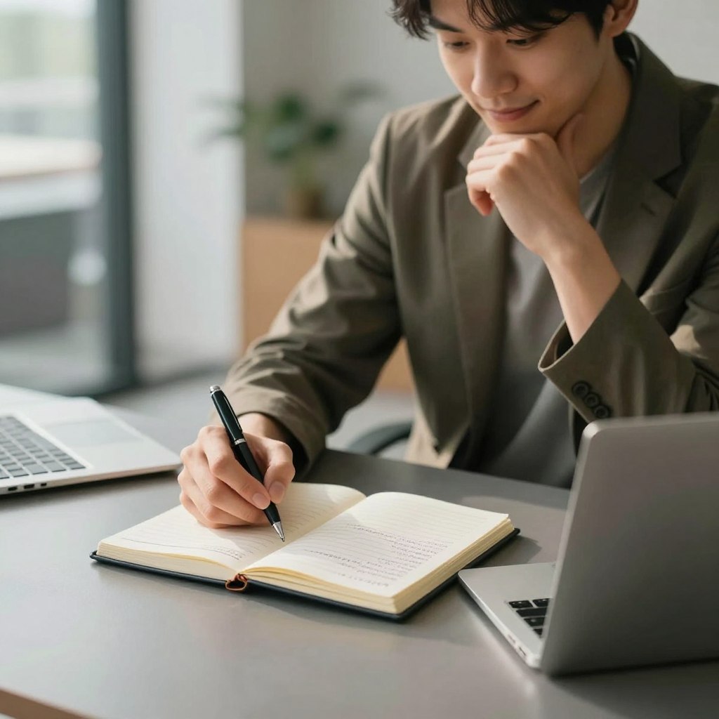 A professional setting where a focused individual is taking notes at a sleek, modern desk. In the foreground, a well-organized notebook, a pen, and a laptop are prominently displayed, with detailed handwritten notes visible on the page. The middle ground features a thoughtful person dressed in smart casual attire, looking intently at their notes, with a slight smile indicating productivity. The background is softly blurred, showing abstract office elements like a glass window with natural light filtering through, casting gentle shadows. The atmosphere is calm and inspiring, with warm tones creating a sense of motivation and professionalism. The scene is captured from a slightly elevated angle, emphasizing the act of note-taking while maintaining a clean and polished look.