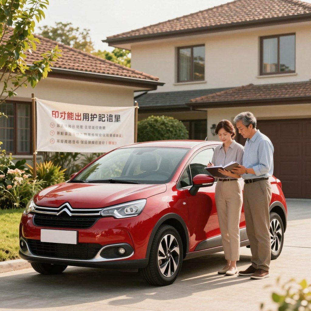 A serene and informative scene depicting a used Citroën car in a well-lit suburban environment. In the foreground, a middle-aged professional couple, dressed in modest casual clothing, examines the vehicle closely, taking notes. The car, a bright red Citroën with distinctive styling, is parked on the driveway of a modern house with lush greenery surrounding it. In the middle background, a sunlit banner displays key criteria for purchasing a used car, subtly integrated into the landscape without text. The atmosphere is inviting and educational, with warm lighting casting soft shadows, creating a sense of trust and careful consideration. The angle focuses on the couple's engagement with the car while emphasizing the reliability of the vehicle in a family-friendly setting.