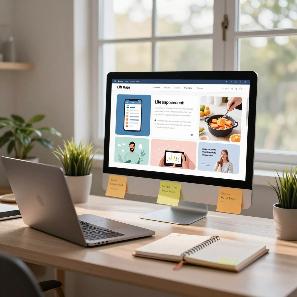 A serene and inspiring workspace filled with various life hacks visually represented. In the foreground, a neatly organized desk features a laptop, colorful sticky notes, a planner, and plants, creating an uplifting atmosphere. In the middle ground, a digital display showcases various life improvement tips like budgeting apps, cooking shortcuts, and wellness techniques. The background reveals a large window letting in natural sunlight, illuminating the room with a warm glow and casting soft shadows. The mood is motivational and calm, embodying productivity and creativity. The scene is framed with a slight depth of field, emphasizing the desk while keeping the background softly blurred. No text or watermarks included.