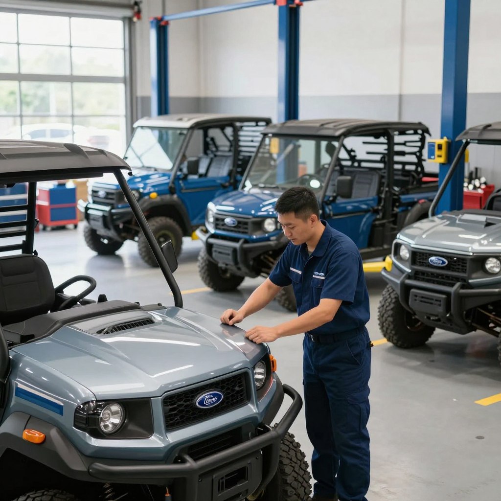 A serene automotive service environment showcasing the latest 2026 Ford utility vehicles under bright, natural lighting. In the foreground, a professional technician wearing a polished uniform is examining a sleek Ford utility vehicle, emphasizing the importance of maintenance and service. In the middle ground, multiple Ford models can be seen positioned on hydraulic lifts, highlighting their modern design and features. The background features a well-organized workshop with tools and equipment neatly arranged, reflecting a high-standard maintenance facility. The atmosphere is clean and organized, instilling a sense of reliability and professionalism. The camera angle is slightly low to capture the vehicles prominently, with a soft focus on the background to draw attention to the service being conducted.