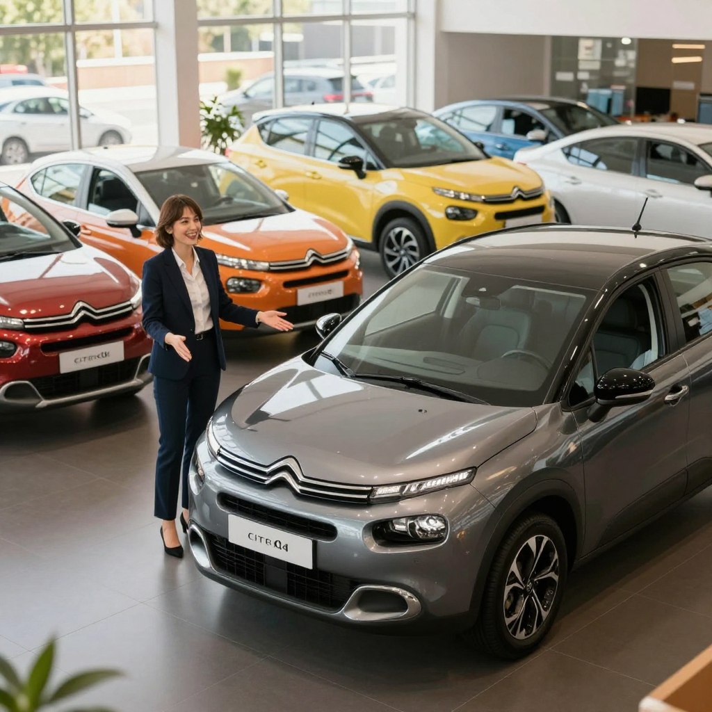 A serene dealership showroom showcasing a selection of used Citroën cars. In the foreground, a polished gray Citroën C3 is highlighted, gleaming under soft, diffused lighting that accentuates its stylish curves. To the left, a friendly sales representative in professional attire stands beside the car, gesturing toward it with a welcoming smile. In the middle ground, other models like the Citroën C4 and C5 are visible, arranged attractively with vibrant colors, creating an inviting atmosphere. The background features large glass windows revealing a sunny day outside, casting gentle light throughout the space. The mood is optimistic and reassuring, reflecting confidence in purchasing a reliable used vehicle. The angle of the shot is slightly elevated, offering a comprehensive view of the showroom layout.