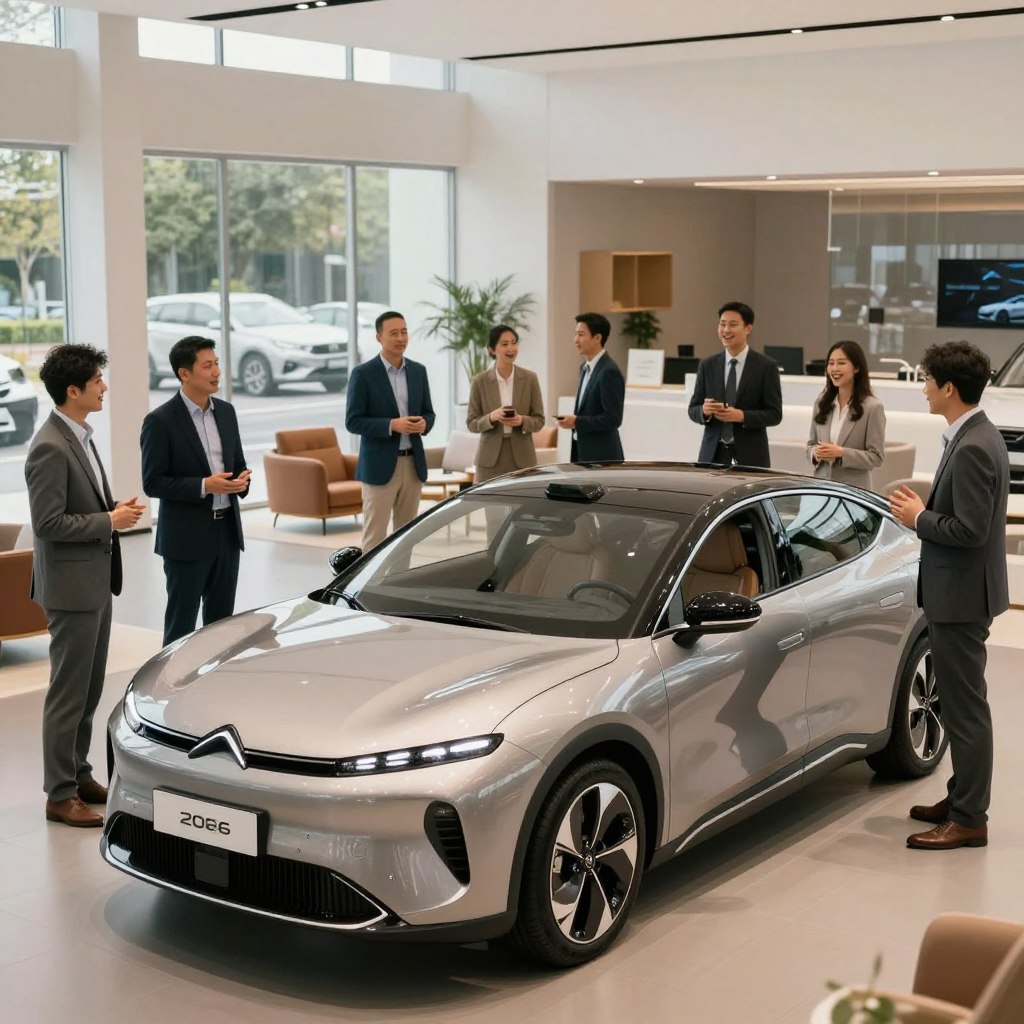 A serene modern car showroom displaying a sleek, futuristic Citroën 2026 model, prominently placed in the foreground. Surrounding the car, satisfied customers in professional business attire are engaging with attentive sales representatives, showcasing their happy expressions and excitement. The middle ground features a stylish lounge area with elegant furniture where other clients are discussing their experiences and offers. The background includes large glass windows allowing natural light to flood the space, highlighting the car’s glossy finish. A warm and inviting atmosphere prevails, emphasizing trust and satisfaction among customers. Soft, diffused lighting enhances the overall mood, creating a sense of optimism and professionalism, captured with a slight wide-angle lens for a dynamic view.