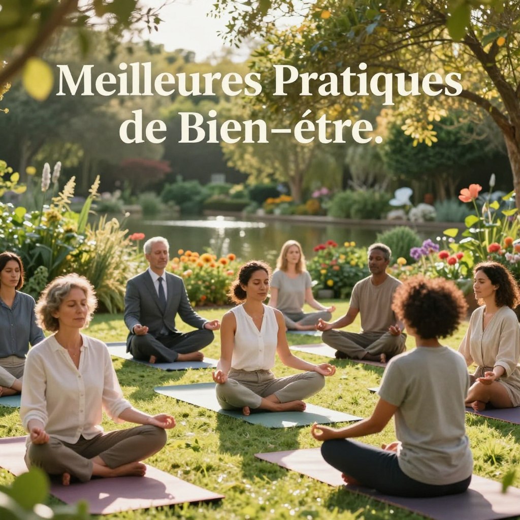 A serene wellness scene showcasing the "Meilleures Pratiques de Bien-être." In the foreground, a diverse group of individuals of various ethnicities engages in mindfulness activities such as meditation and yoga on mats. In the middle, lush greenery and colorful flowers create a soothing garden environment, with soft sunlight filtering through the leaves, casting gentle shadows. In the background, a tranquil pond reflects the sky, enhancing the peaceful atmosphere. The lighting is warm and inviting, emphasizing a sense of calm and well-being. The mood is serene and uplifting, encouraging a healthy, balanced lifestyle. The individuals wear professional business attire and modest casual clothing, promoting a professional yet approachable vibe.