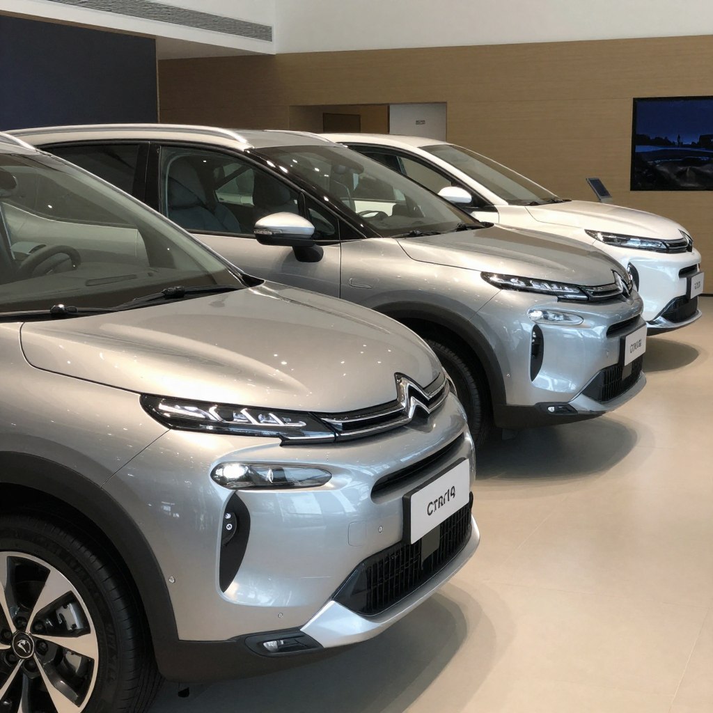 A side-by-side comparison of the new 2026 Citroën C4 Picasso with its competitors in a modern automotive showroom. In the foreground, the sleek, futuristic design of the Citroën C4 Picasso should be prominent, showcasing its unique features like the signature dual headlights and streamlined body. The middle ground should feature two other mid-range family cars for comparison, highlighting their differences in design. The background should include subtle showroom elements, like soft lighting and polished floors, enhancing the modern atmosphere. Use a slightly elevated angle to capture the vehicles clearly, with natural light emphasizing their contours. Create a professional, stylish mood that reflects the latest advancements in automotive design. No people or text overlays should be present.