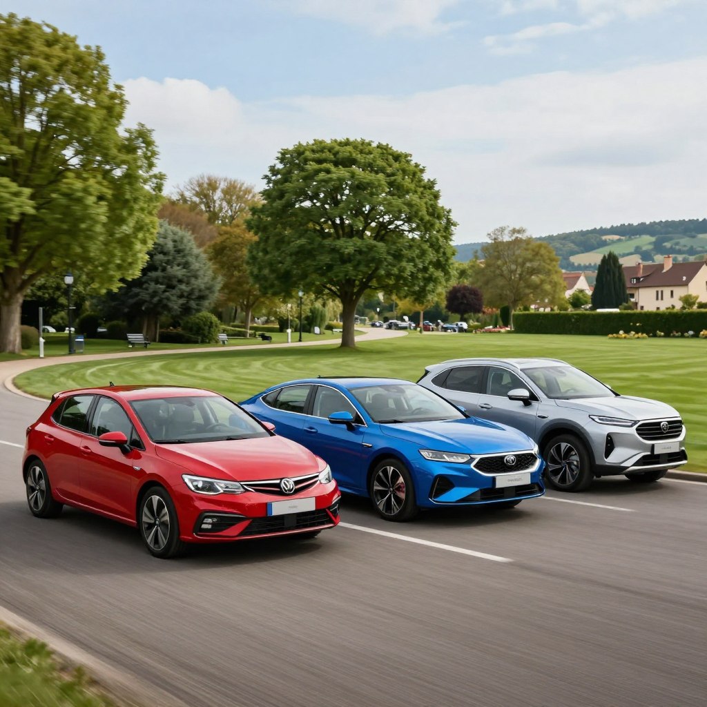 A side-by-side comparison of three brand new cars in a dynamic outdoor setting. In the foreground, showcase a sleek red hatchback, a sophisticated blue sedan, and a robust silver SUV, each with unique features like LED headlights and modern alloy wheels. In the middle ground, include a vibrant green park with well-maintained trees and a clear sky, enhancing the sense of freshness and innovation. In the background, a hint of a picturesque French landscape, perhaps rolling hills or a quaint village. Use natural daylight for soft, inviting lighting, and a slightly elevated angle that captures the elegant shapes of the cars, conveying a sense of modernity and excitement. The overall mood should be inspiring and engaging, inviting viewers to explore the latest car options in France.