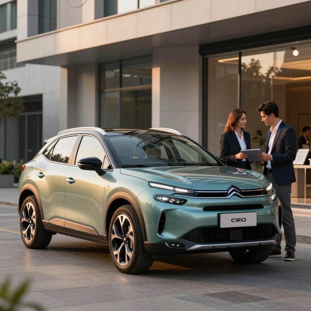 A sleek 2026 Citroën C5 Aircross, prominently featured in the foreground, showcasing various customization options like vibrant paint colors, unique wheel designs, and stylish interior choices. The SUV is parked in an upscale urban environment with a modern architectural backdrop, reflecting a sophisticated lifestyle. Soft golden hour lighting casts a warm glow on the vehicle, enhancing its curves and contours. In the middle ground, a well-dressed professional couple examines the customization options, highlighting the personal touch of choosing features. The background is slightly blurred to focus attention on the car and its details. The overall mood is inviting and aspirational, conveying a sense of innovation and modernity in automotive design. A sleek 2026 Citroën C5 Aircross, prominently featured in the foreground, showcasing various customization options like vibrant paint colors, unique wheel designs, and stylish interior choices. The SUV is parked in an upscale urban environment with a modern architectural backdrop, reflecting a sophisticated lifestyle. Soft golden hour lighting casts a warm glow on the vehicle, enhancing its curves and contours. In the middle ground, a well-dressed professional couple examines the customization options, highlighting the personal touch of choosing features. The background is slightly blurred to focus attention on the car and its details. The overall mood is inviting and aspirational, conveying a sense of innovation and modernity in automotive design.