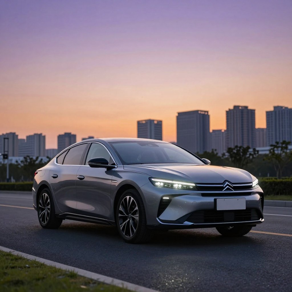 A sleek 2026 Citroën sedan parked elegantly in a modern urban setting. In the foreground, focus on the car's distinctive lines and the innovative LED headlights illuminating the scene. The middle ground features a smooth, well-maintained road, with hints of green landscaping to add a vibrant touch. In the background, a contemporary city skyline at twilight with a warm orange and purple sky sets an inviting atmosphere. Use soft, diffused lighting to create an upscale and refined mood. Capture the image at a low angle, emphasizing the sedan’s grandeur and sophistication, while ensuring no people or text are included in the composition.
