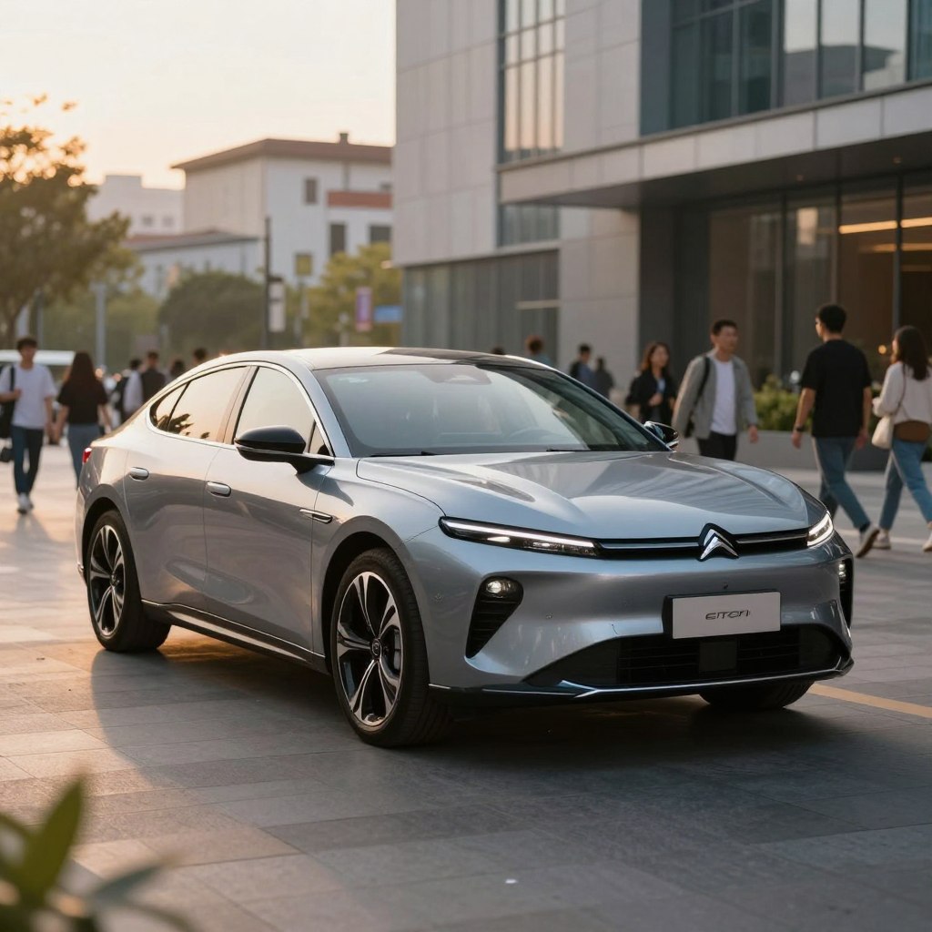 A sleek 2026 Citroën sedan parked in a modern urban environment, showcasing its aerodynamic design and innovative features. In the foreground, the car gleams under soft, natural light, highlighting its bold lines and stylish front grille. The middle ground features bustling city life with pedestrians in smart casual attire, reflecting a vibrant atmosphere, while contemporary buildings rise in the background, capturing the essence of a forward-thinking automotive market. The scene is bathed in a warm sunset glow, casting gentle shadows and creating a harmonious blend of luxury and modernity. The angle captures the car slightly from the front, emphasizing its presence and sophistication, while exuding a sense of optimism about future automotive trends in 2026.