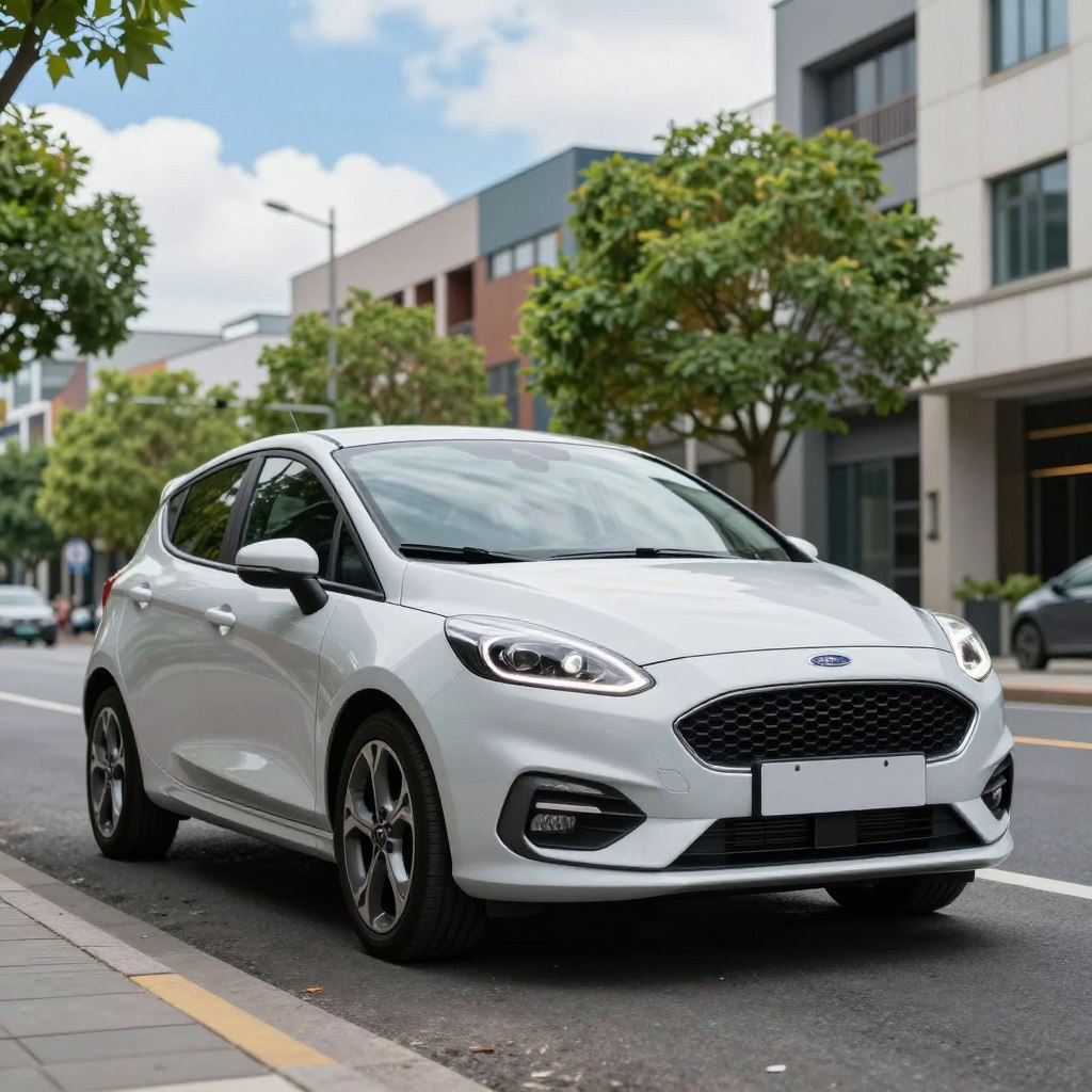 A sleek 2026 Ford Fiesta, featuring a modern, aerodynamic design with bold lines and a striking front grille, parked on a vibrant urban street. The foreground showcases the car in crisp detail, emphasizing its innovative headlamps and stylish alloy wheels. In the middle ground, lush greenery and contemporary architecture complement the vehicle, creating a lively city atmosphere. The background depicts a bright blue sky with scattered clouds, adding a fresh feel to the composition. Use soft, natural lighting to highlight the car's curves and colors, taken from a low angle to accentuate its sporty stance. The overall mood should be dynamic and inviting, reflecting the Fiesta’s youthful spirit and modernity.