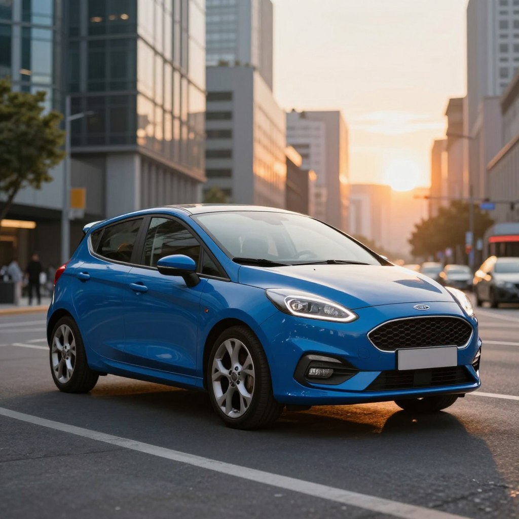 A sleek 2026 Ford Fiesta in a dynamic urban setting, showcasing its compact yet modern design. The car is parked at an angle in the foreground, highlighting its aerodynamic lines and stylish front grille, painted in a vibrant blue color. In the middle ground, a blurred cityscape features contemporary buildings and bustling streets, depicting a lively environment where compact cars thrive. The background reveals a setting sun that casts warm golden light, creating a soft glow on the car’s surface. The atmosphere is energetic and optimistic, suggesting a sense of competition in the market. The shot is taken from a low angle, emphasizing the Fiesta’s profile, while ensuring all elements appear polished and professional, with no text or distractions.