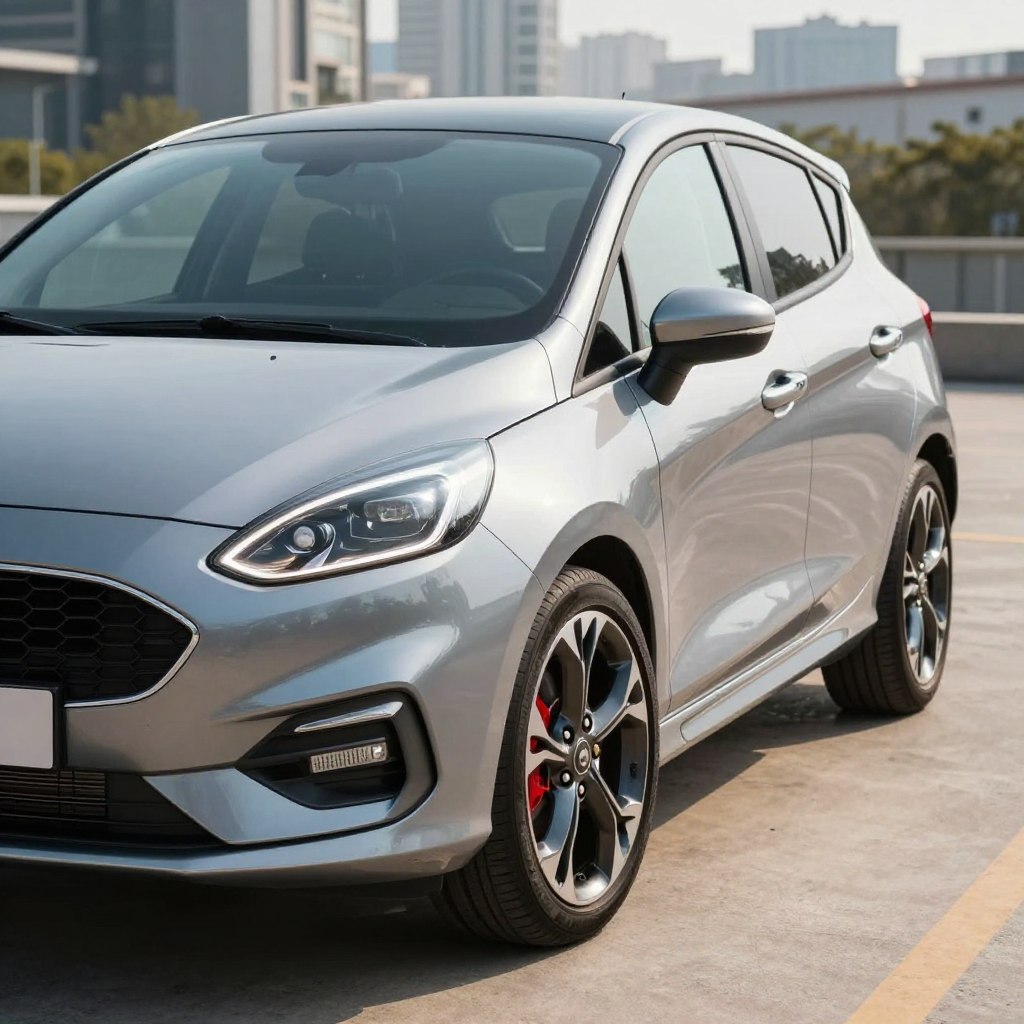 A sleek 2026 Ford Fiesta, showcasing its efficient and modern design, parked prominently in a bright urban setting. In the foreground, highlight the Fiesta’s stylish LED headlights and intricate grille. The middle layer features the car's sporty silhouette, accentuated by its vibrant color and distinct wheel rims. In the background, a blurred cityscape hints at its urban utility, with soft sunlight glinting off the car's glossy surface. The mood is dynamic and contemporary, emphasizing the Fiesta's stylish features and compact versatility. Capture the image from a low angle to give the car an imposing presence, with natural lighting to enhance the vehicle's metallic finish.