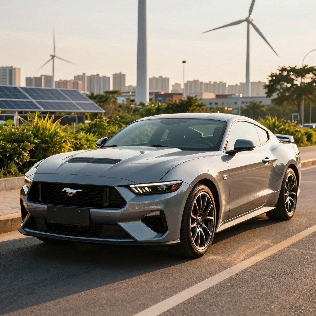 A sleek 2026 Ford Mustang, emphasizing its innovative fuel efficiency features, parked on a sunlit urban street. The foreground showcases the Mustang's distinctive front grille and aerodynamic design, with a glistening finish reflecting the sunlight. In the middle ground, the vehicle is flanked by greenery, hinting at sustainability, while showcasing its modern alloy wheels. The background features a panoramic view of a bustling city with wind turbines and solar panels, symbolizing eco-friendliness. The scene is bathed in warm, golden hour lighting, casting soft shadows that enhance the contours of the car. The overall atmosphere conveys a sense of modern innovation and environmental awareness, perfectly aligning with the theme of fuel economy and emissions.