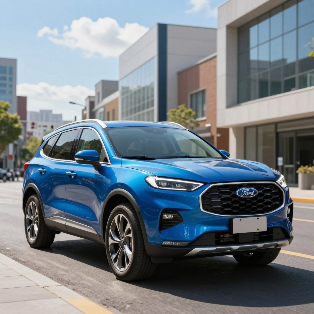 A sleek 2026 Ford SUV is showcased prominently in the foreground, featuring a modern, aerodynamic design with bold lines and an eye-catching grille. The SUV is painted in a vibrant metallic blue, reflecting the sunlight and highlighting its curves. In the middle ground, a smooth urban street is visible, lined with contemporary buildings that reflect a bustling city vibe. The background features a clear blue sky with a few fluffy clouds, creating an optimistic atmosphere. The lighting is bright and natural, emphasizing the vehicle's glossy finish. The angle captures the SUV from a slight low perspective, enhancing its commanding presence. The scene evokes a sense of innovation and progress, perfectly encapsulating the essence of the latest Ford model.