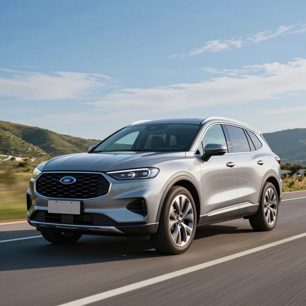 A sleek 2026 Ford SUV is showcased prominently in the foreground, gleaming under dynamic, natural daylight. The vehicle is positioned at a slight angle to highlight its aggressive front grille, aerodynamic lines, and modern alloy wheels. In the middle ground, an open road leads into the distance, symbolizing adventure and performance, with a few green hills flanking the sides. The background features a clear blue sky with wispy clouds, creating an uplifting and energetic atmosphere. The lighting emphasizes the SUV’s metallic finish and contours, casting soft shadows that add depth. A shallow depth of field focuses sharply on the SUV, while the background gradually blurs, enhancing the subject's prominence. The overall mood captures excitement and forward-thinking innovation, reflecting the essence of high-performance automotive design.