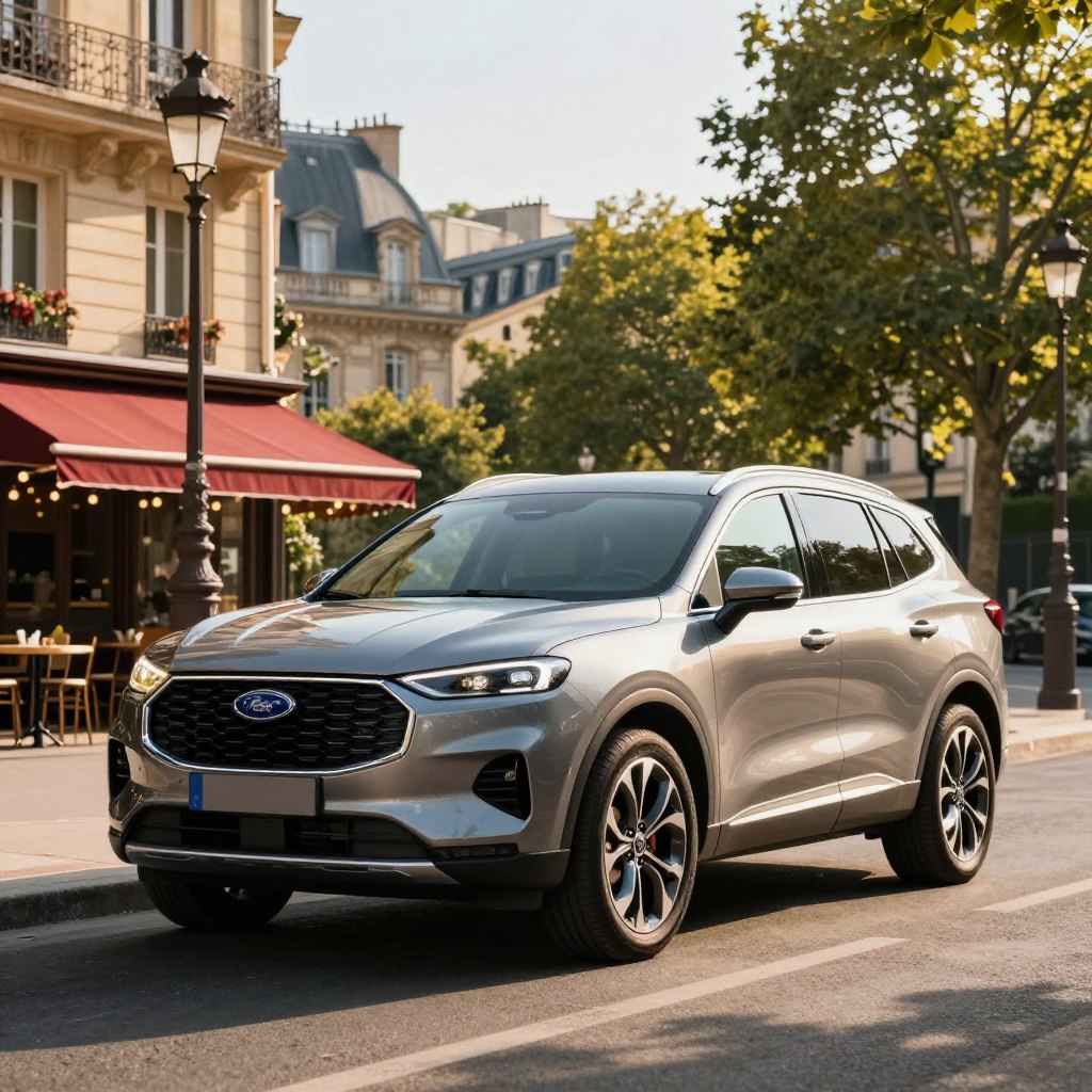 A sleek 2026 Ford SUV parked on a picturesque French street, showcasing its bold and modern design features with an aerodynamic body and striking LED headlights. In the foreground, the SUV's chrome grille glimmers under warm afternoon sunlight, emphasizing its robust front profile. In the middle ground, charming Parisian architecture frames the scene, complete with quaint cafes and classic lampposts, creating a vibrant urban atmosphere. The background features lush green trees and distant hills, hinting at a blend of city and nature. The lighting is golden and inviting, capturing the essence of a perfect day in France. The angle is slightly low, providing a powerful perspective of the SUV, while maintaining a professional and polished look without any distractions.