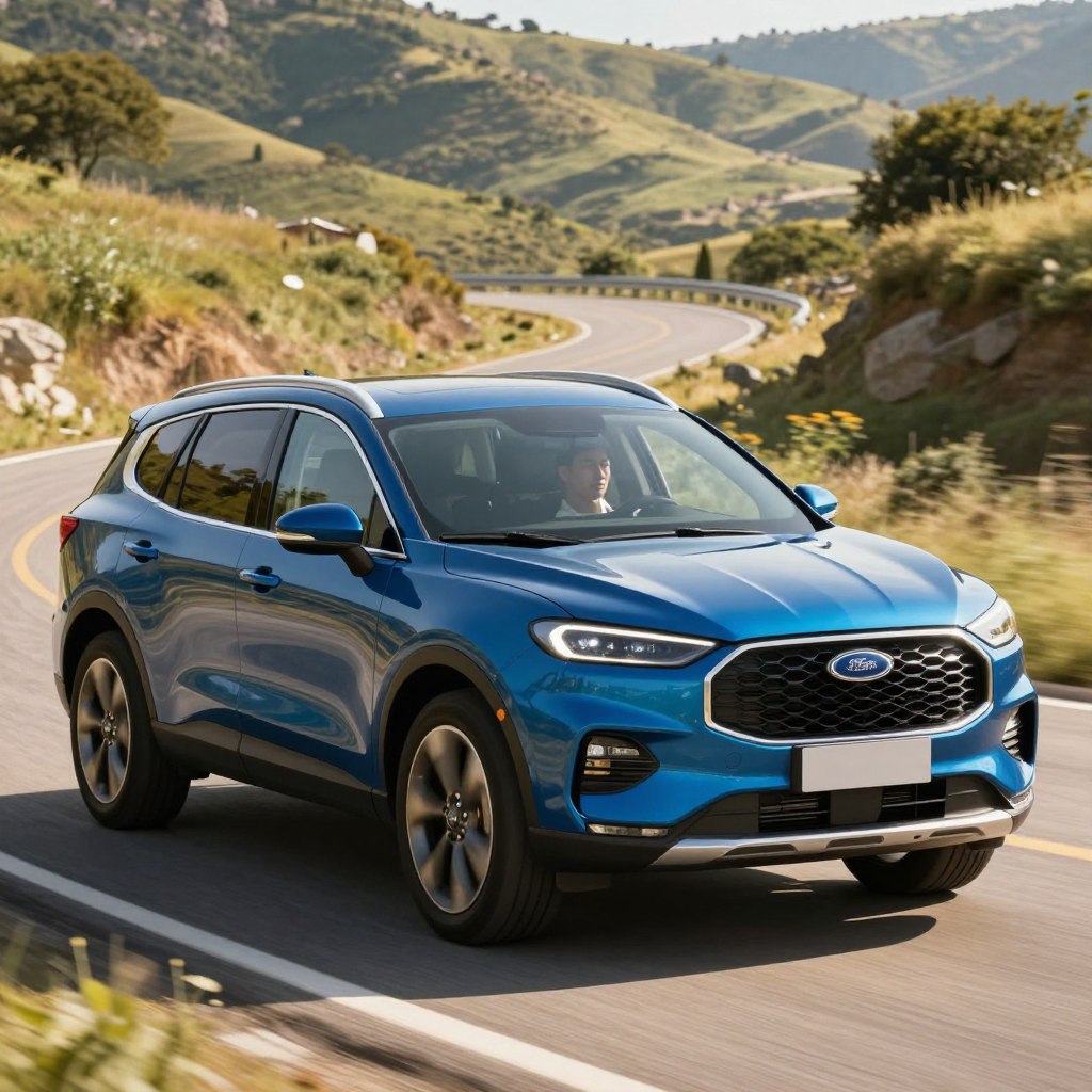 A sleek 2026 Ford SUV, showcasing its innovative design and rugged capabilities, is parked on a scenic winding road with a vibrant, sunlit landscape in the background. The SUV features a striking metallic blue finish, with modern LED headlights and dynamic lines that convey motion and power. In the foreground, the vehicle is angled slightly to reveal its spacious interior through tinted windows, hinting at advanced technology and premium materials. On the road, a professional driver dressed in a smart casual outfit is seen conducting a test drive, focused on the vehicle's performance. The atmosphere is bright and optimistic, with soft, golden sunlight illuminating the scene and casting subtle shadows. The composition highlights both the SUV's design details and the engaging driving experience.