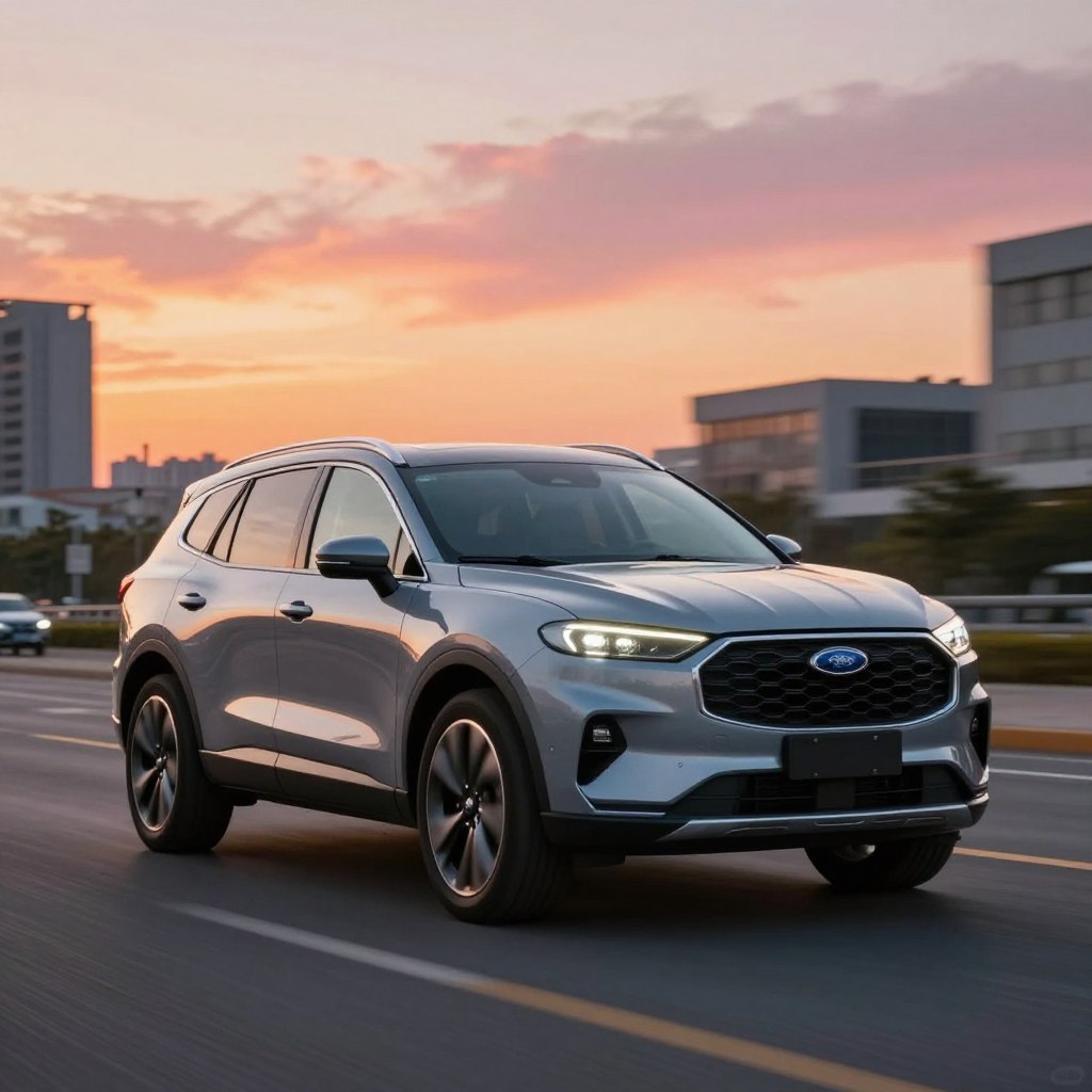 A sleek 2026 Ford SUV, showcasing its modern design and advanced specifications, prominently placed in the foreground. The SUV features a shiny metallic exterior with bold lines, a striking grille, and innovative LED headlights. In the middle ground, a dynamic urban environment unfolds, with blurred buildings and streets hinting at a vibrant city life. The background reveals a picturesque sunset, casting warm hues of orange and pink, creating an inviting yet professional atmosphere. The scene is captured from a low angle, emphasizing the SUV’s commanding presence. Soft, ambient lighting highlights the SUV’s details, showcasing its advanced technology and engineering features. The overall mood conveys innovation, competition, and the cutting-edge nature of the automotive industry.
