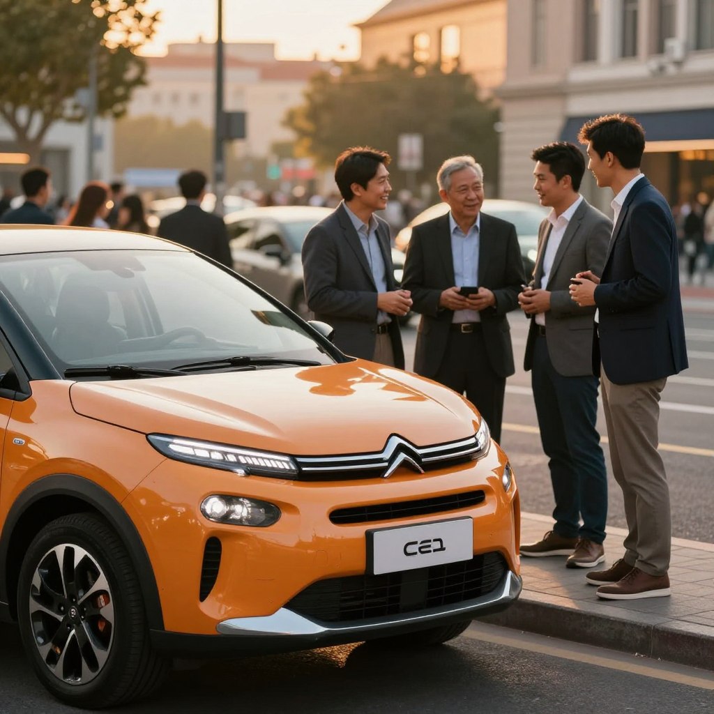 A sleek Citroën C2 electric car is depicted in the foreground, showcasing its modern design with smooth curves and a vibrant color. The setting is an urban street, captured in early evening with warm, golden lighting to create a welcoming atmosphere. In the middle ground, enthusiastic consumers in professional attire are examining the car, sharing their opinions, and smiling, emphasizing community engagement and positivity. The background features a blurred cityscape with soft bokeh effects, adding depth without distracting from the main subject. The angle is slightly elevated, as if the viewer is observing from a nearby sidewalk, enhancing the perspective of a lively automotive discussion.
