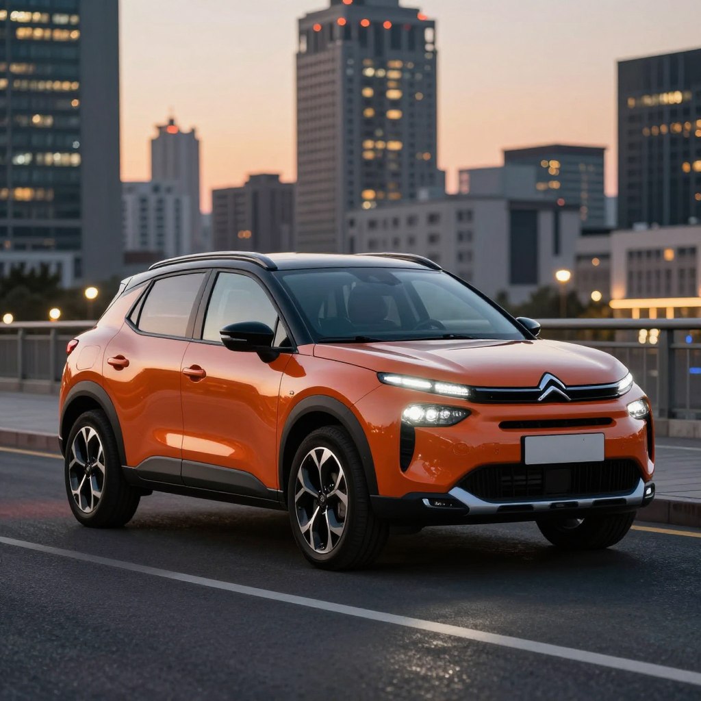 A sleek Citroën C3 Aircross 2026 model showcased in an urban environment, emphasizing its athletic performance. In the foreground, the SUV is parked at an angle, displaying its bold lines, vibrant paint color, and modern design elements. The middle ground features a smooth asphalt road, hinting at its agility, with subtle tire marks suggesting dynamic movement. The background highlights an urban skyline at dusk, illuminated by warm city lights, creating an energetic atmosphere. Use dramatic yet natural lighting to accentuate the vehicle’s contours, capturing reflections on its surface with a low-angle view. The scene should evoke a sense of excitement and adventure, focusing solely on the impressive performance attributes of the Citroën C3 Aircross.
