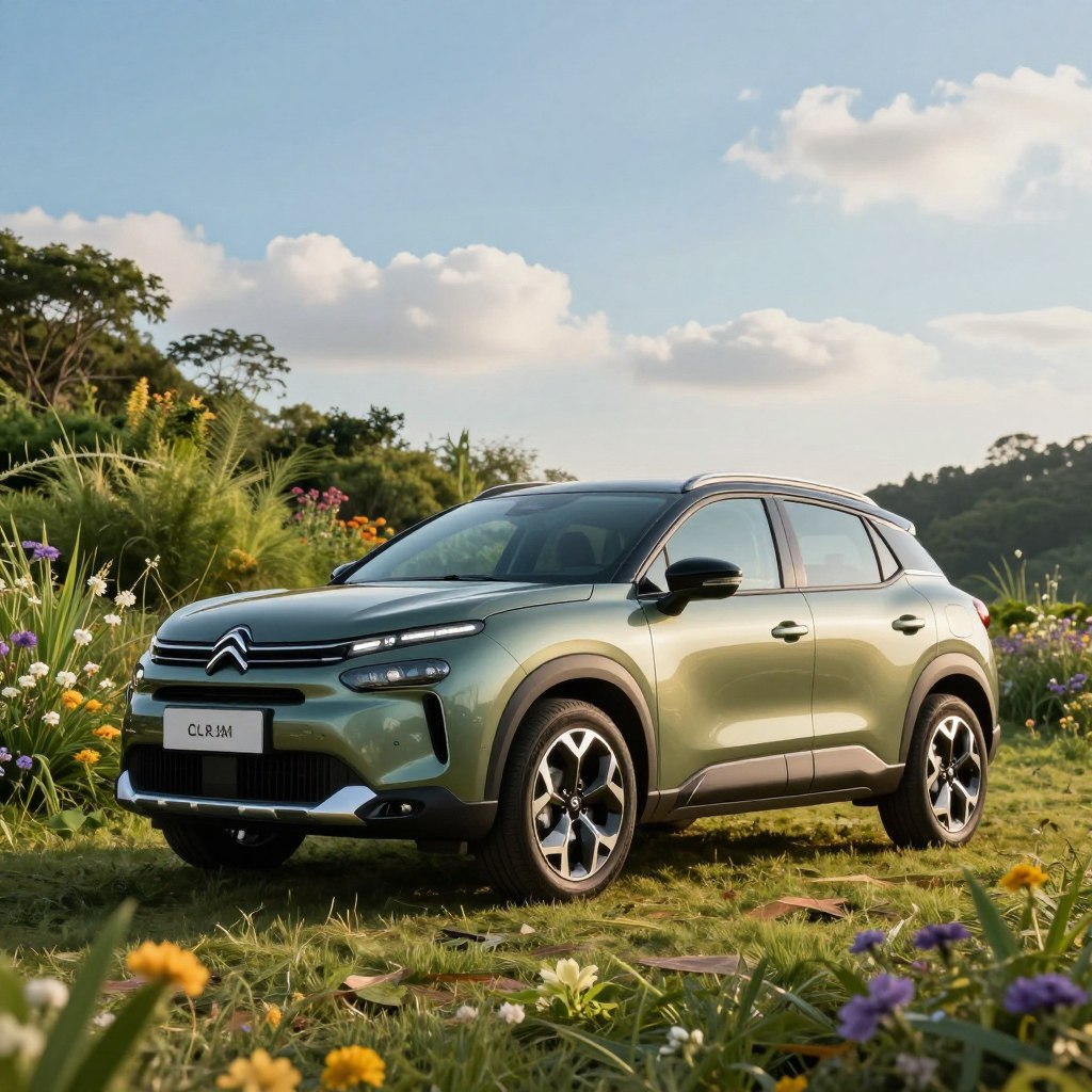 A sleek Citroën C3 Aircross Hybrid showcased in a vibrant natural environment, highlighting its eco-friendly design. In the foreground, the vehicle emphasizes its modern lines and unique curves, with a glossy finish reflecting sunlight. The middle layer features lush greenery and flowers, illustrating the car's connection to nature, enhancing its innovative, eco-conscious attributes. In the background, a clear blue sky and soft clouds create an uplifting atmosphere. The scene is captured from a low angle to accentuate the vehicle’s sporty stance, with warm, natural lighting illuminating the details. The overall mood is dynamic and refreshing, ideal for showcasing the advancements in sustainability with the Citroën C3 Aircross 2026.