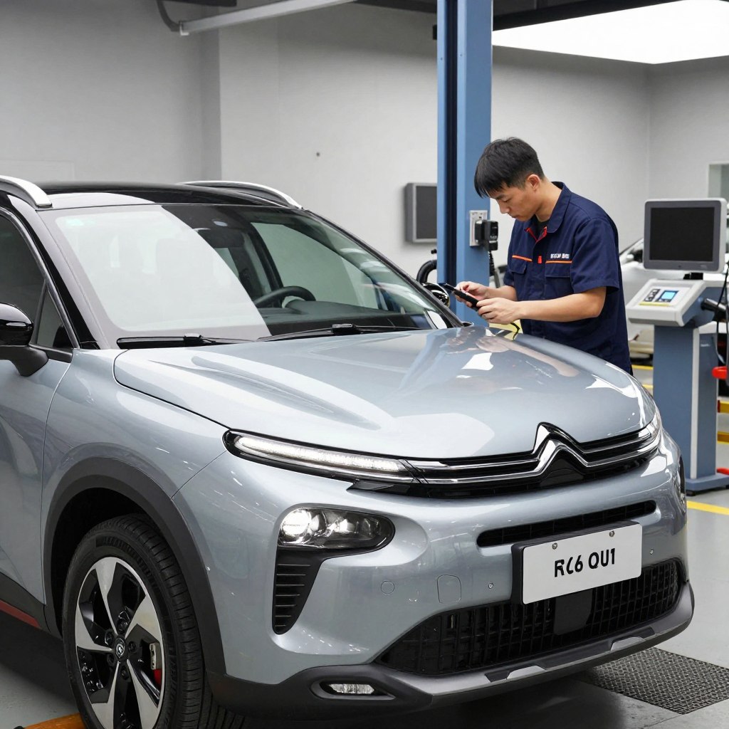 A sleek Citroën C3 Aircross parked in a modern car service facility, showcasing its contemporary design and enhanced features. In the foreground, highlight the car's elegant lines, distinctive front grille, and stylish headlights. The middle ground displays a professional technician wearing a neat uniform, examining the vehicle with diagnostic tools, embodying the theme of maintenance. In the background, various high-tech equipment and well-organized service bays emphasize the quality and sophistication of the facility. The lighting is bright and inviting, with reflections accentuating the car's surface. Capture a mood of reliability and innovation, illustrating the high standards of care and warranty options for the 2026 model.