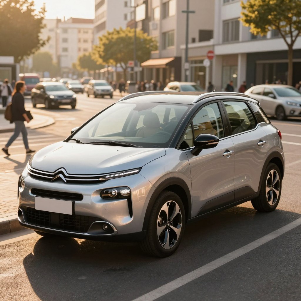 A sleek Citroën C3 Picasso parked against a vibrant urban backdrop, showcasing its performance capabilities. In the foreground, the striking design of the car is highlighted, with glossy paint reflecting sunlight, emphasizing its curves and aerodynamic shape. The middle ground features a dynamic angle that showcases the car's sturdy stance and innovative features, like its distinctive headlights and spacious interior visible through the windows. In the background, a scenic cityscape with blurred movement of people and vehicles conveys a sense of energy and modernity. The scene is bathed in warm, golden hour lighting, creating an inviting and optimistic atmosphere. This composition captures the Citroën C3 Picasso as a reliable family SUV with a stylish edge.