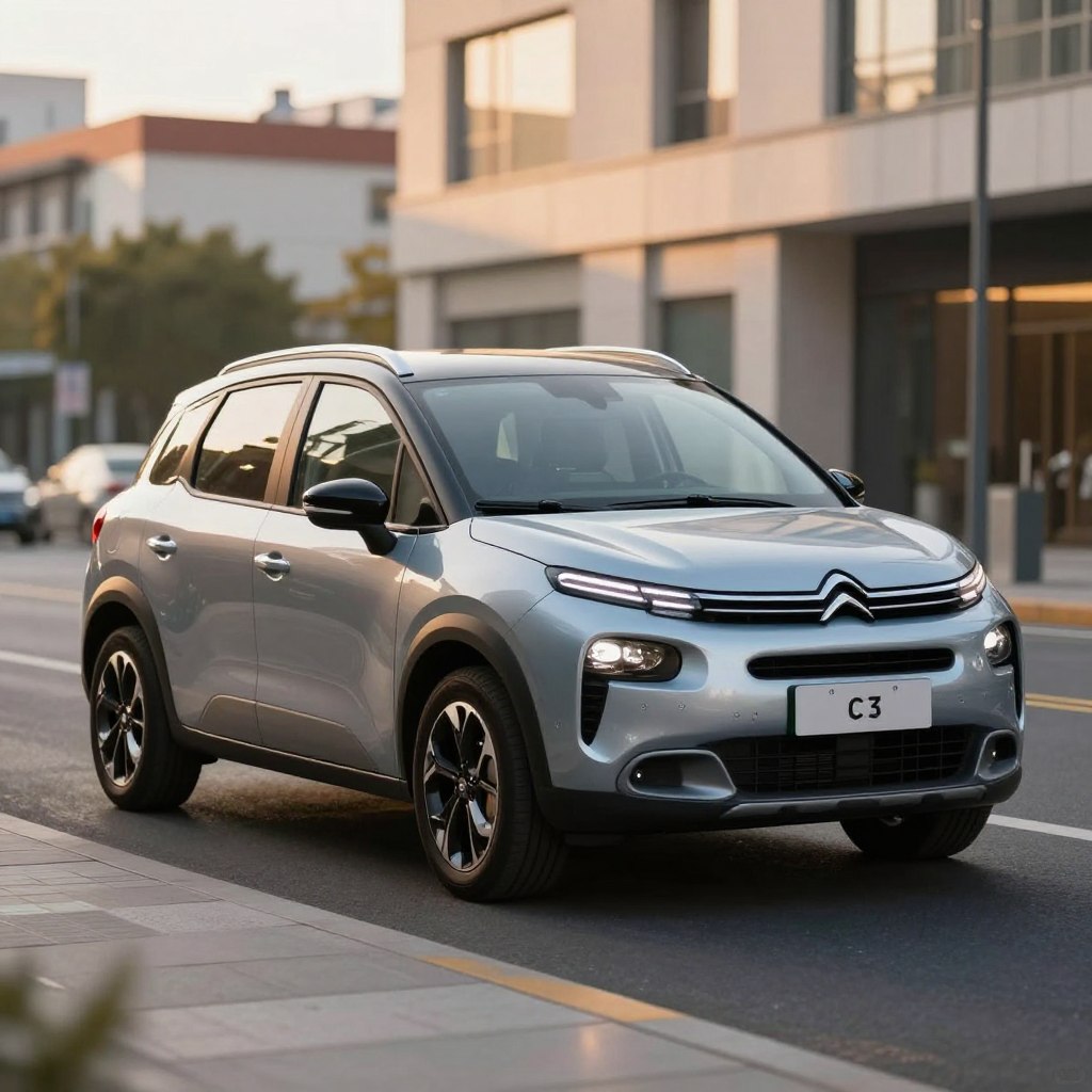 A sleek Citroën C3 Picasso parked on a modern city street, showcasing its advanced safety features. In the foreground, the vehicle is angled toward the viewer, highlighting its distinctive design and robust structure. The middle ground features a blurred urban environment with soft bokeh, enhancing the focus on the car. In the background, gently illuminated buildings add a touch of sophistication, with warm evening sunlight casting a golden hue over the scene. The mood conveys trust and reliability, ideal for family safety. The image has a professional atmosphere, shot with a wide-angle lens to create depth, emphasizing the innovative technology that enhances driving safety and assistive capabilities, such as sensors and cameras integrated into the vehicle.