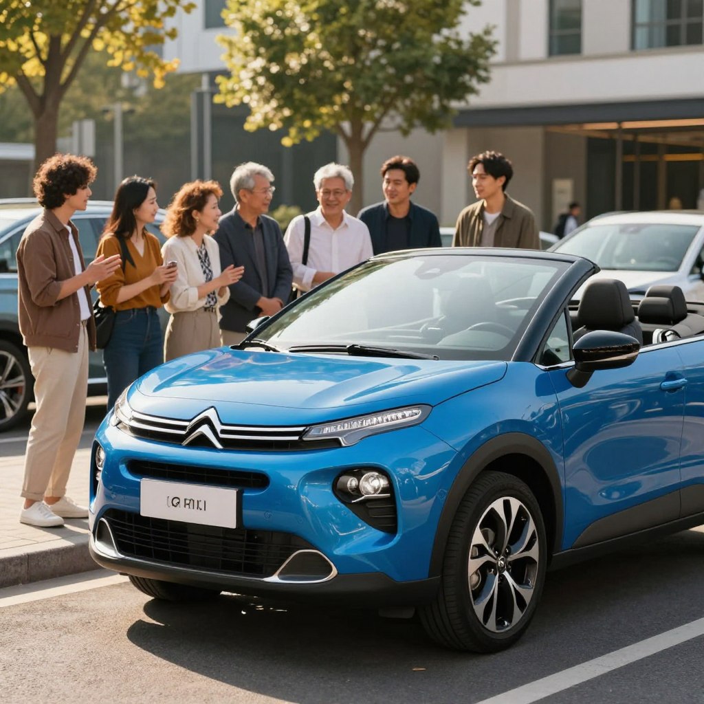 A sleek Citroën C3 Pluriel parked stylishly in a sunlit urban street, showcasing its unique convertible design with a vibrant blue exterior. The foreground highlights the car's distinctive features, including the bold headlights and artistic curves. In the middle ground, a diverse group of satisfied owners, dressed in smart casual attire, examines the vehicle enthusiastically, embodying a sense of community and approval. The background features soft-focus trees and modern city architecture, bathed in warm afternoon sunlight to create a cheerful, inviting atmosphere. The composition captures a dynamic angle that emphasizes the vehicle’s versatility and trendiness, evoking a mood of enjoyment and appreciation for the Citroën C3 Pluriel.