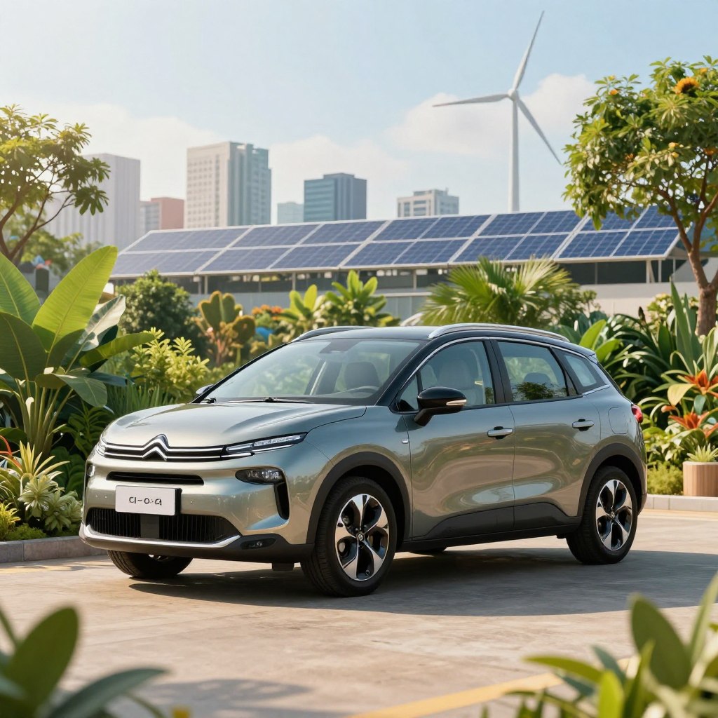 A sleek Citroën C4 Picasso 2026 parked in a vibrant, eco-friendly urban setting. In the foreground, the car showcases its modern design with smooth lines and a polished surface, reflecting the surrounding greenery. The middle ground features lush plants and trees, emphasizing sustainability and a connection to nature. In the background, a clean skyline displays solar panels and wind turbines, illustrating an environmentally conscious city. The scene is bathed in soft, warm sunlight, creating an inviting atmosphere. Capture the perspective at a low angle, highlighting the vehicle while blending harmoniously with the eco-friendly elements around it. The overall mood should be optimistic and forward-thinking, showcasing the car's commitment to ecology.