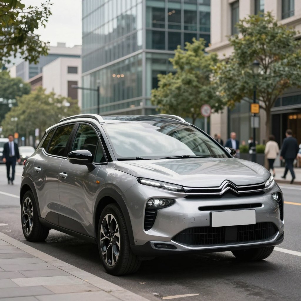 A sleek Citroën C4 Picasso 2026 parked on a picturesque city street, showcasing its modern design with smooth curves and a distinctive front grille. In the foreground, the car’s shiny, metallic paint reflects an overcast sky, emphasizing its futuristic aesthetics. The middle ground features a backdrop of stylish urban architecture, blending glass and steel elements, while soft, diffused natural light highlights the contours of the vehicle. In the background, blurred trees and pedestrians in professional attire add depth to the scene, creating a lively yet sophisticated atmosphere. The image should evoke a sense of innovation and user satisfaction, inviting viewers to imagine the driving experience of this new model. Capture the scene with a slightly low-angle perspective to emphasize the car's commanding presence.
